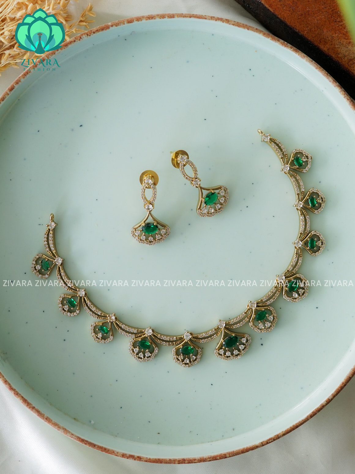 SMALL SIZE GREEN FAN FLORAL - Ultra premium victoria finish dark polish trending neckwear collection- bridal collection- Zivara Fashion
