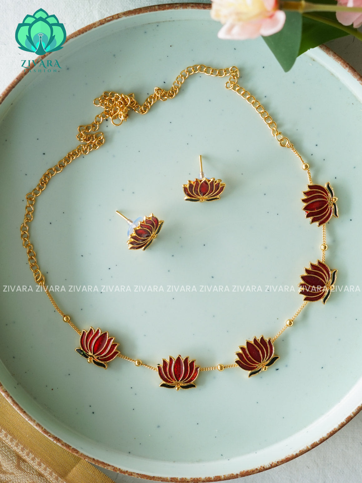 MANJU WARRIER  inspired RED GREEN Trending NORMAL MATTE lotus enamel neckwear with earrings- Zivara Fashion- latest jewellery design