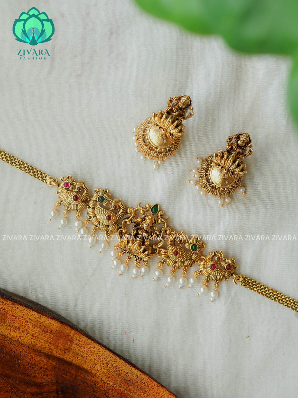 RUBY AND GREEN 3D TEMPLE CHOKER - Normal Matte finish - latest south indian jewellery