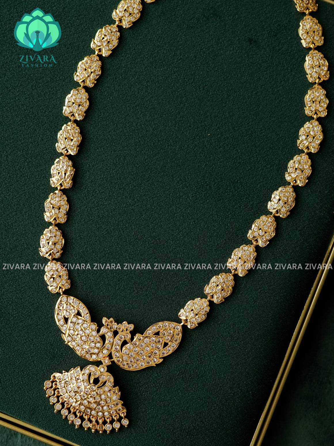 AMBIGAI -  PEACOCK  WHITE STONE MANGA  MICROGOLD POLISH LONG HAARAM   -Traditional south indian premium HAARAM- Zivara Fashion- latest jewellery design