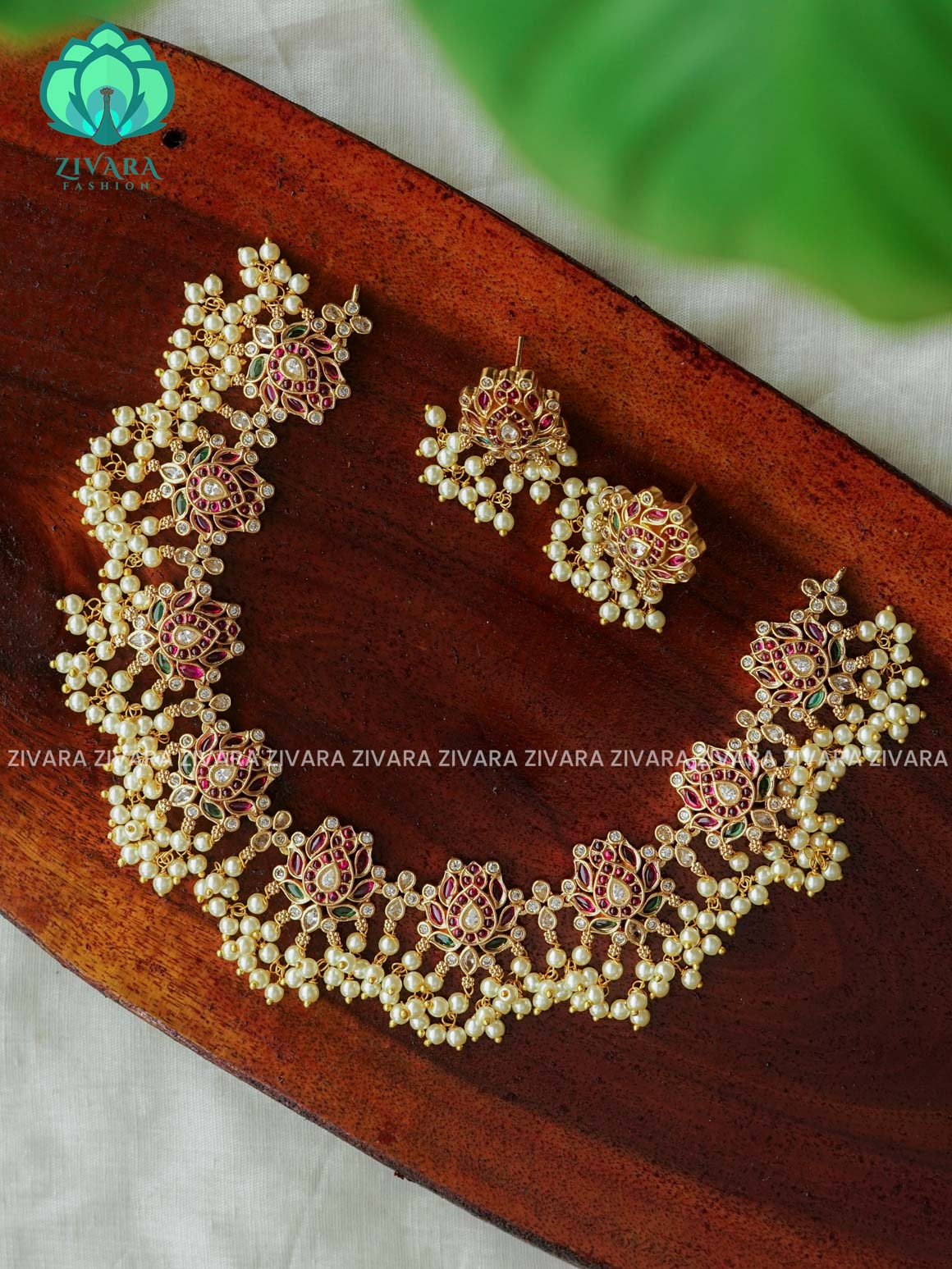 Real kemp lotus -Traditional south indian premium neckwear with earrings- Zivara Fashion- latest jewellery design.