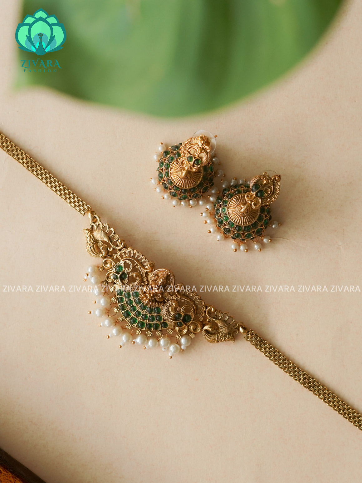 Green - Small size normal matte temple choker with earrings-latest south indian jewellery