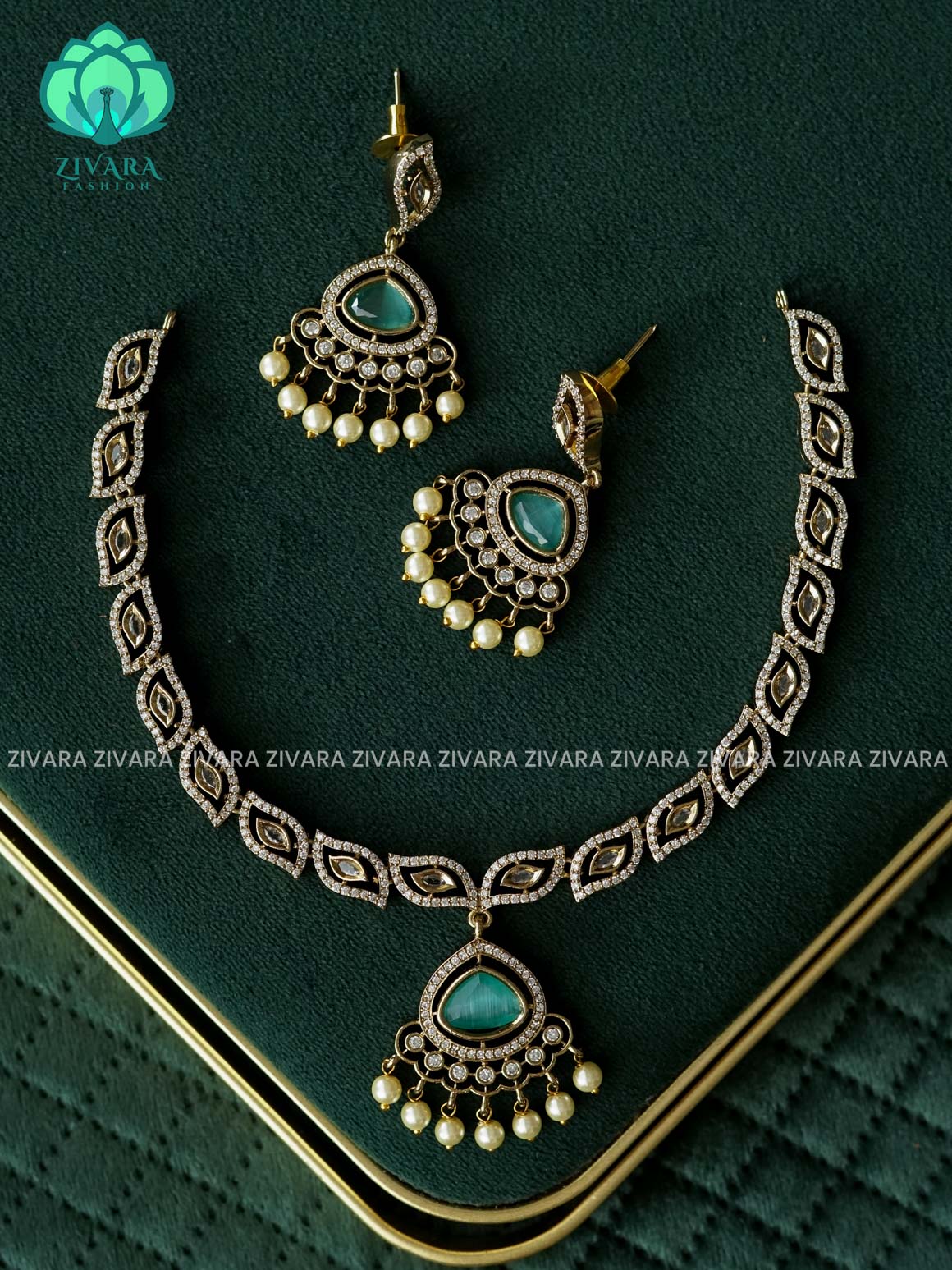 PASTEL GREEN-Victoria finish elegant necklace with earrings CZ matte Finish- Zivara Fashion