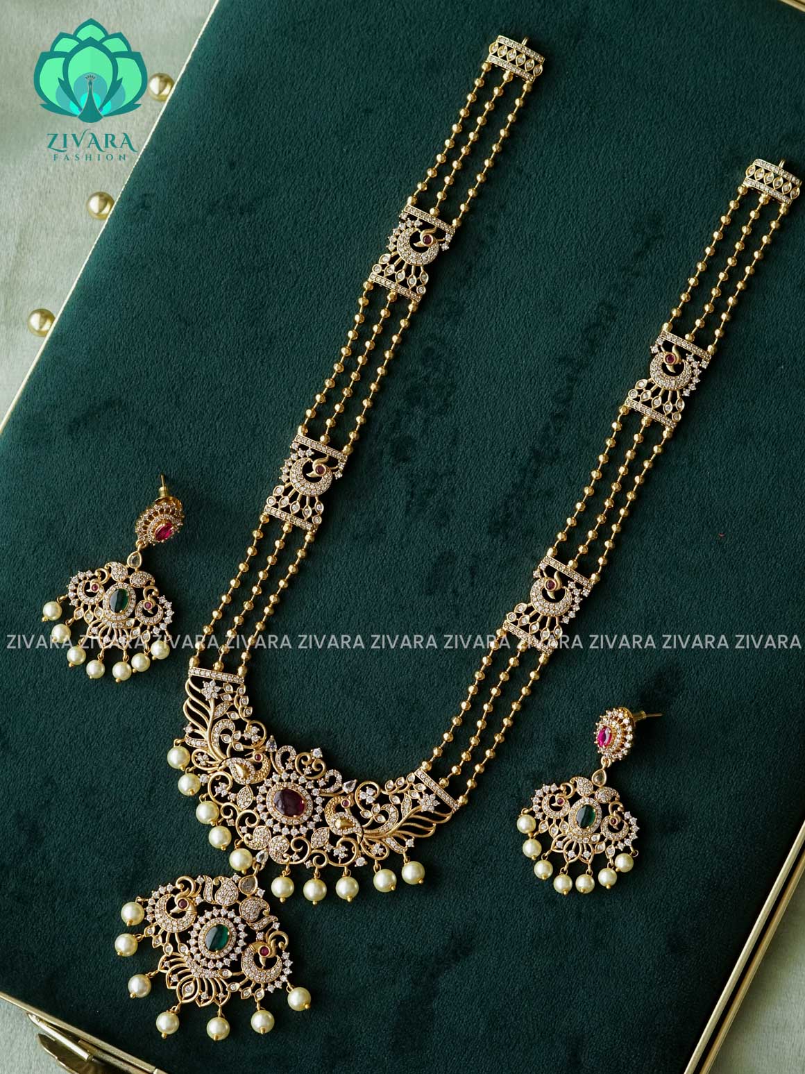 PEACOCK PENDANT BALL CHAIN - Traditional PREMIUM MATTE polish MIDCHEST haaram/neckwear with earrings- Zivara Fashion