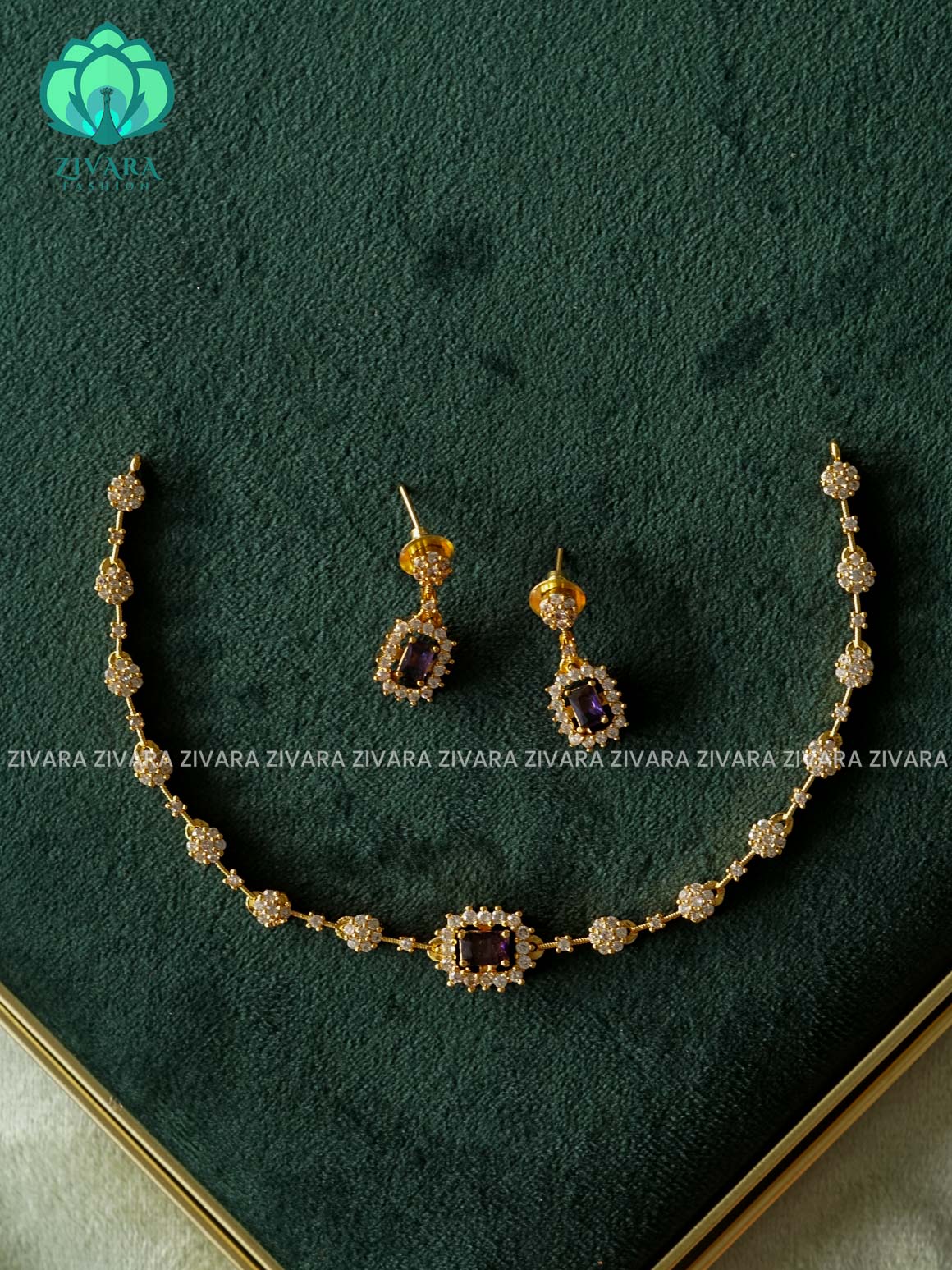 PURPLE STONE RECTANGLE WHITE FLOWER NECKWEAR -  stylish and minimal elegant neckwear with earrings- Zivara Fashion