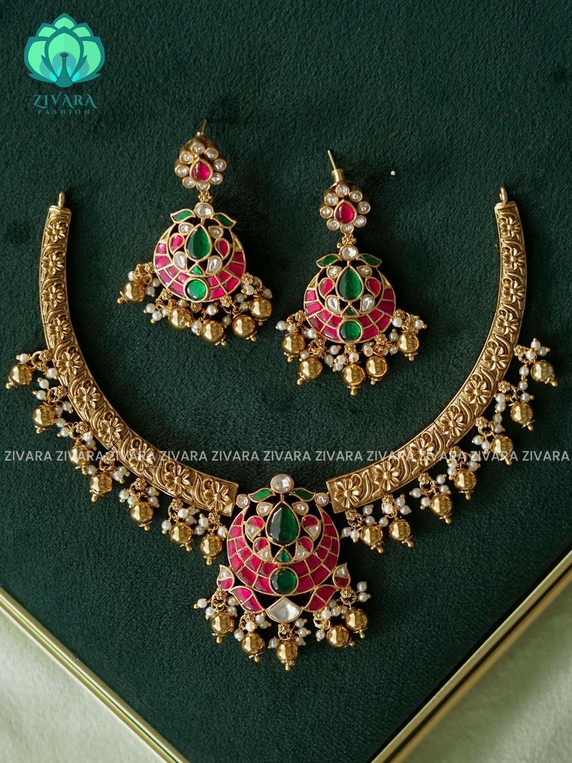 JADAU HASLI WITH GOLD BEADS -Traditional south indian premium neckwear with earrings- Zivara Fashion- latest jewellery design