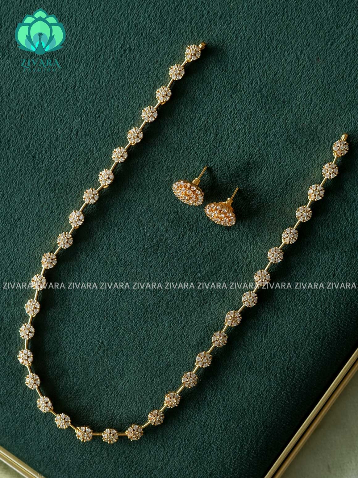 WHITE STONE FLORAL ELEGANT  - Traditional PREMIUM  MIDCHEST haaram/neckwear with earrings- Zivara Fashion