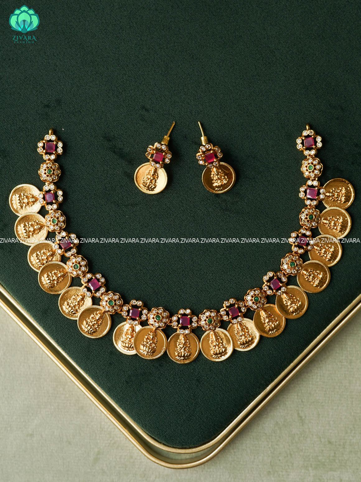 TEMPLE COIN RUBY STONE   - Traditional south indian premium neckwear with earrings- Zivara Fashion- latest jewellery design
