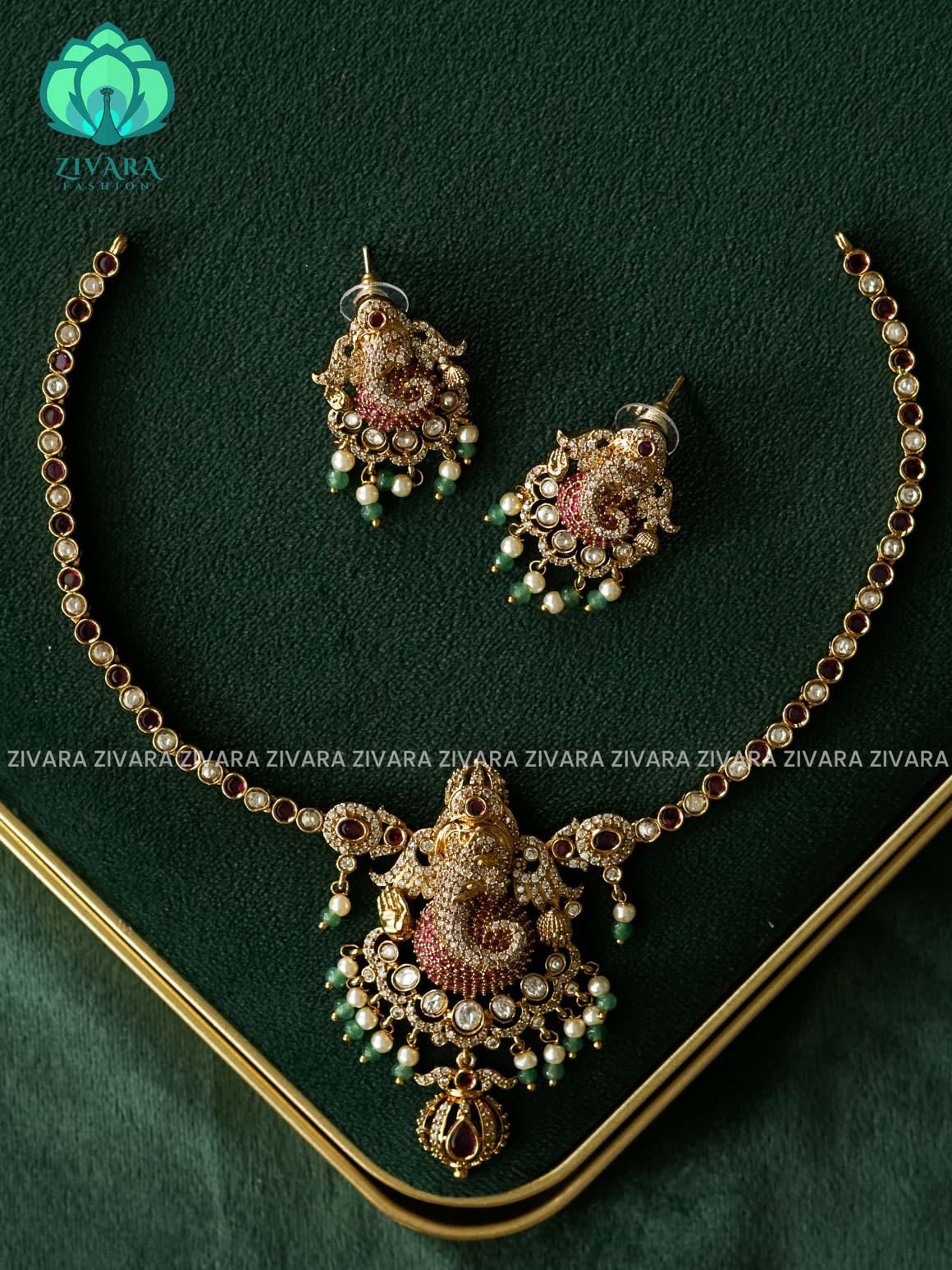 GANESHA NECKWEAR WITH PEARL HANGINGS  - Traditional PREMIUM neckwear with earrings- Zivara Fashion