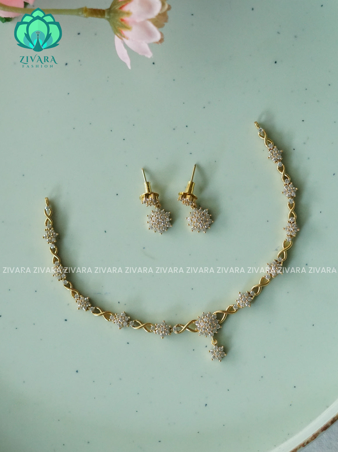 Kanya - WHITE STONE  DIAMOND REPLICA - SUBTLE POLISH stylish and minimal elegant neckwear with earrings- Zivara Fashion
