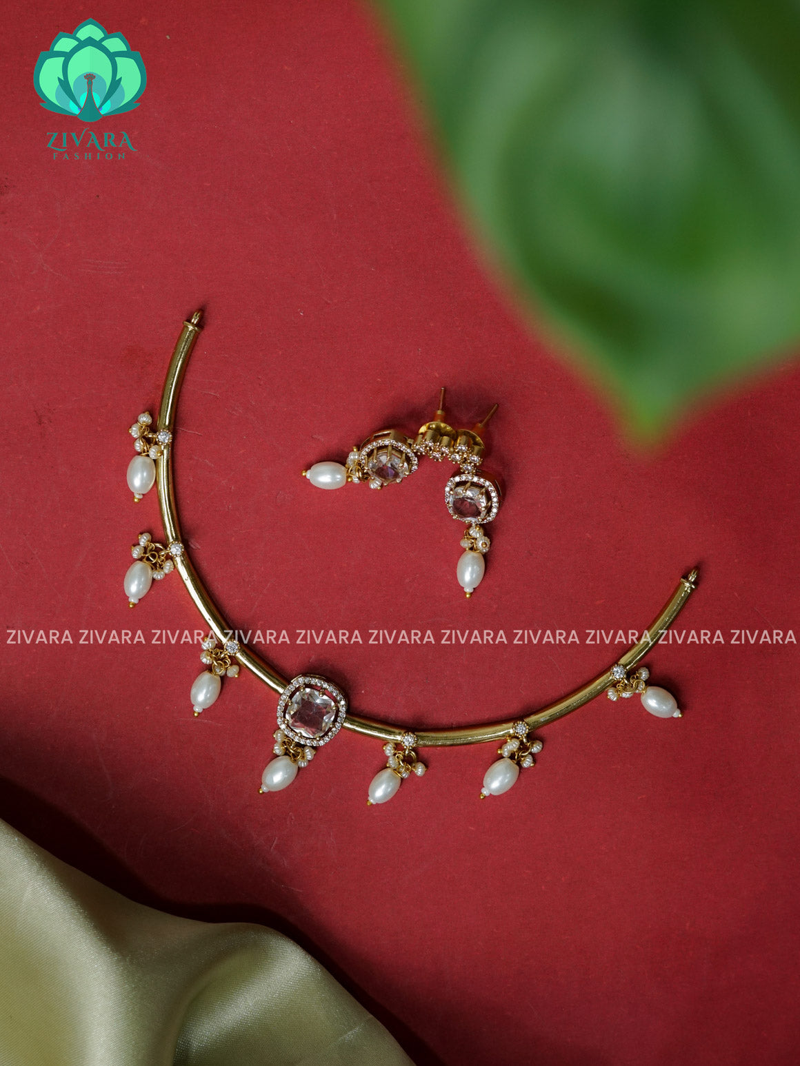 WHITE  - Simple beads hanging Traditional south indian premium neckwear with earrings- Zivara Fashion- latest jewellery design