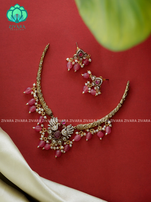 Ruby - peacock pendant Hasli necklace - Ultra premium victoria finish dark polish trending neckwear collection- bridal collection- Zivara Fashion