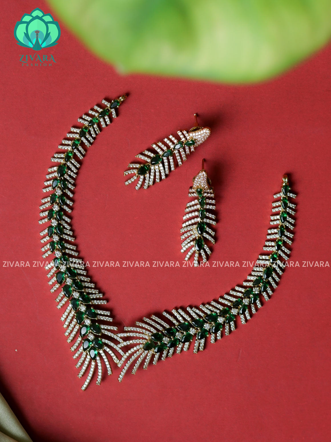 GREEN - FEATHER  - stylish and minimal elegant neckwear with earrings- Zivara Fashion