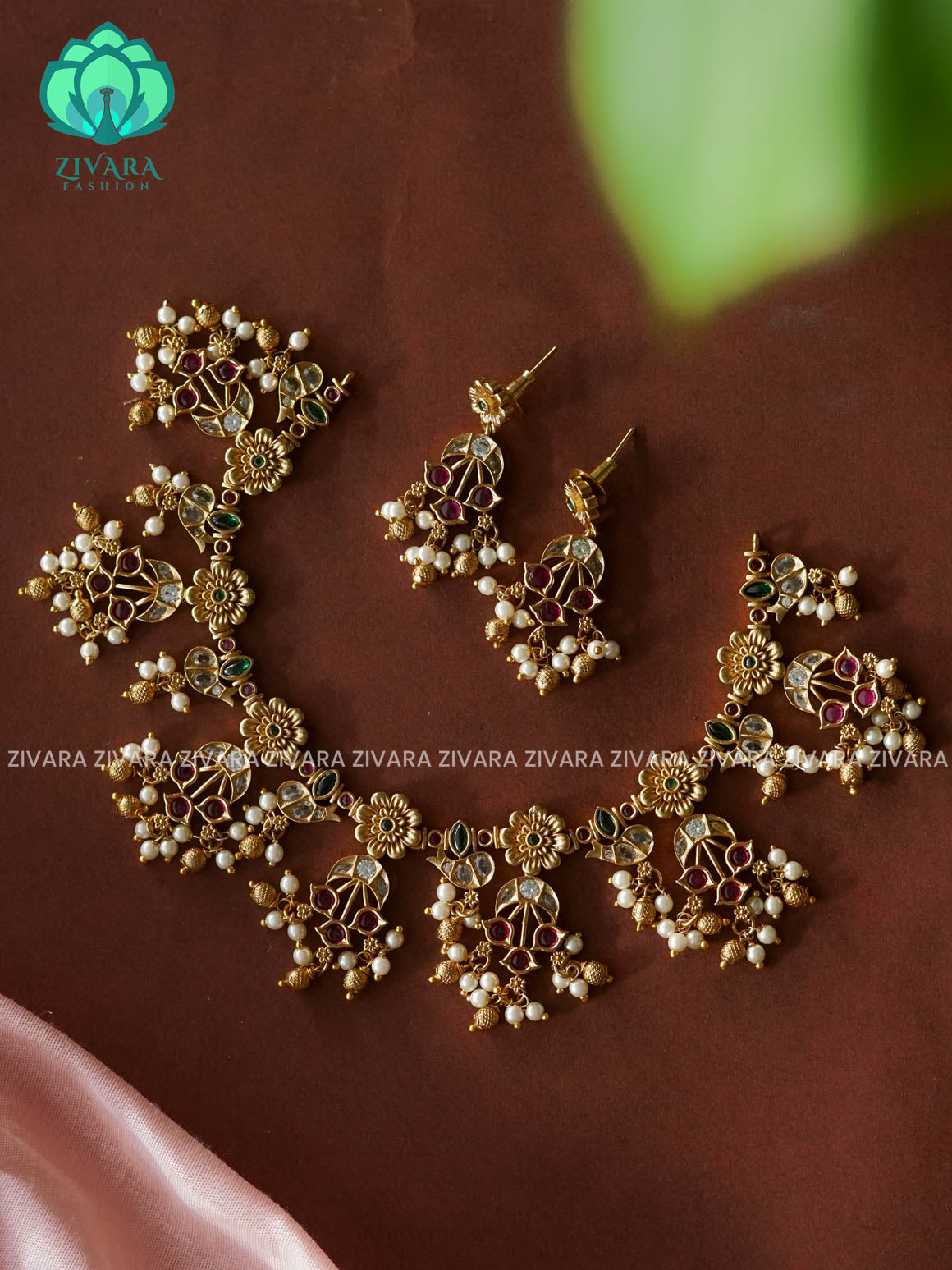 RUBY GREEN HANGINGS  - premium matte NECKWEAR  with earrings-latest south indian jewellery