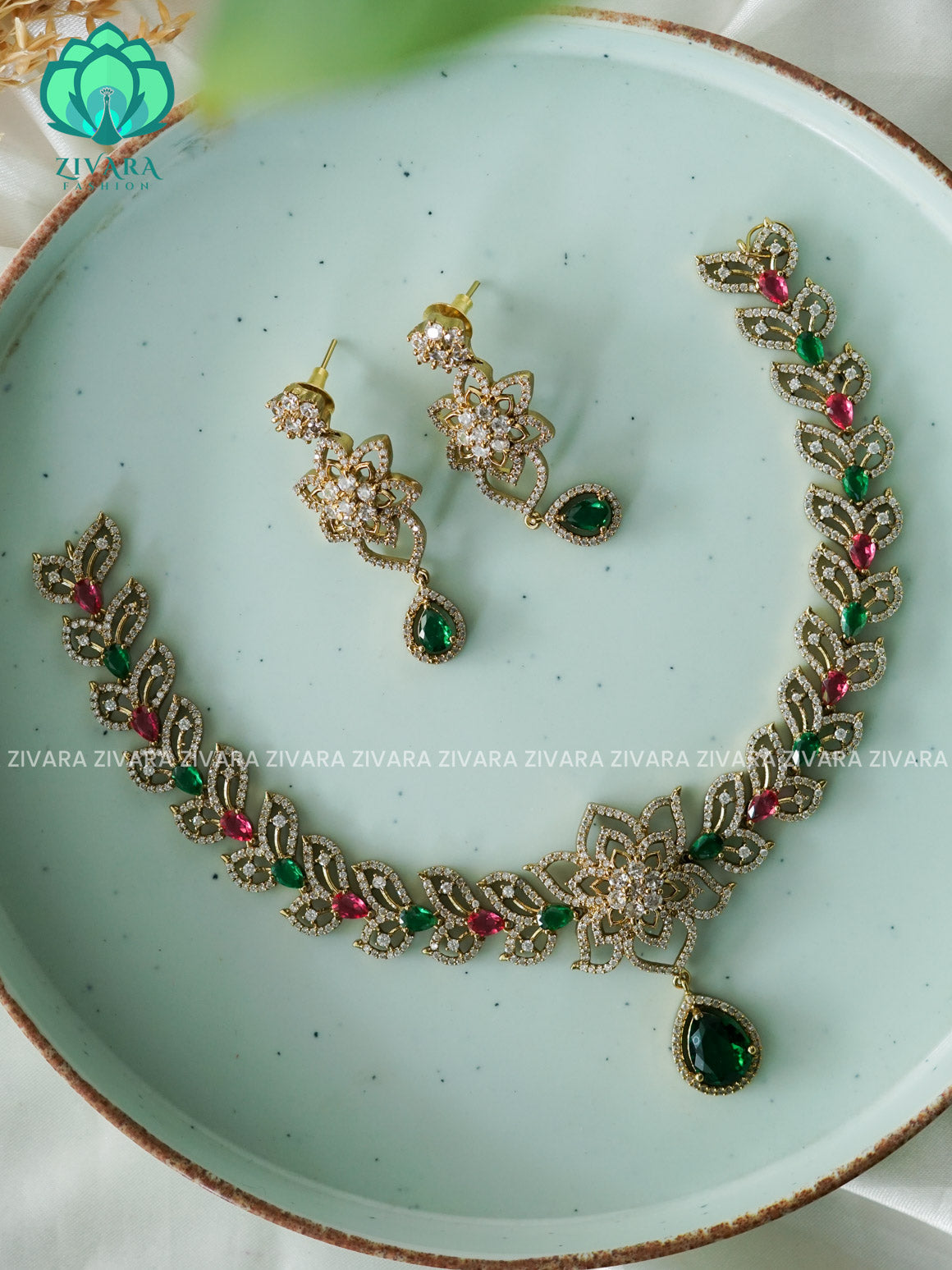 RUBY GREEN  FLOWER  - stylish and minimal elegant neckwear with earrings- Zivara Fashion