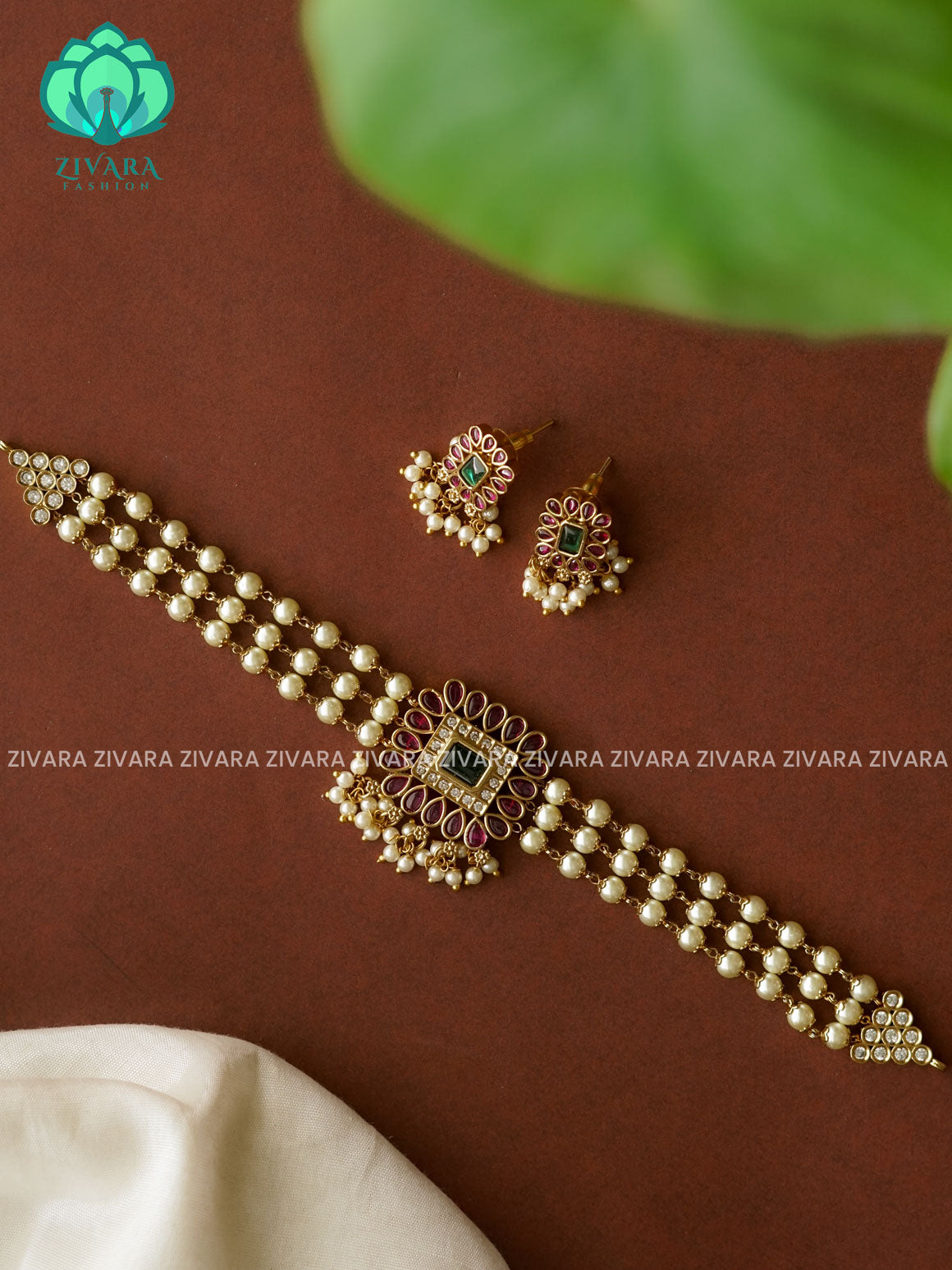 Real kemp - square pendant pearl -TRADITIONAL CHOKER COLLECTION WITH EARRINGS- LATEST JEWELLERY COLLECTION