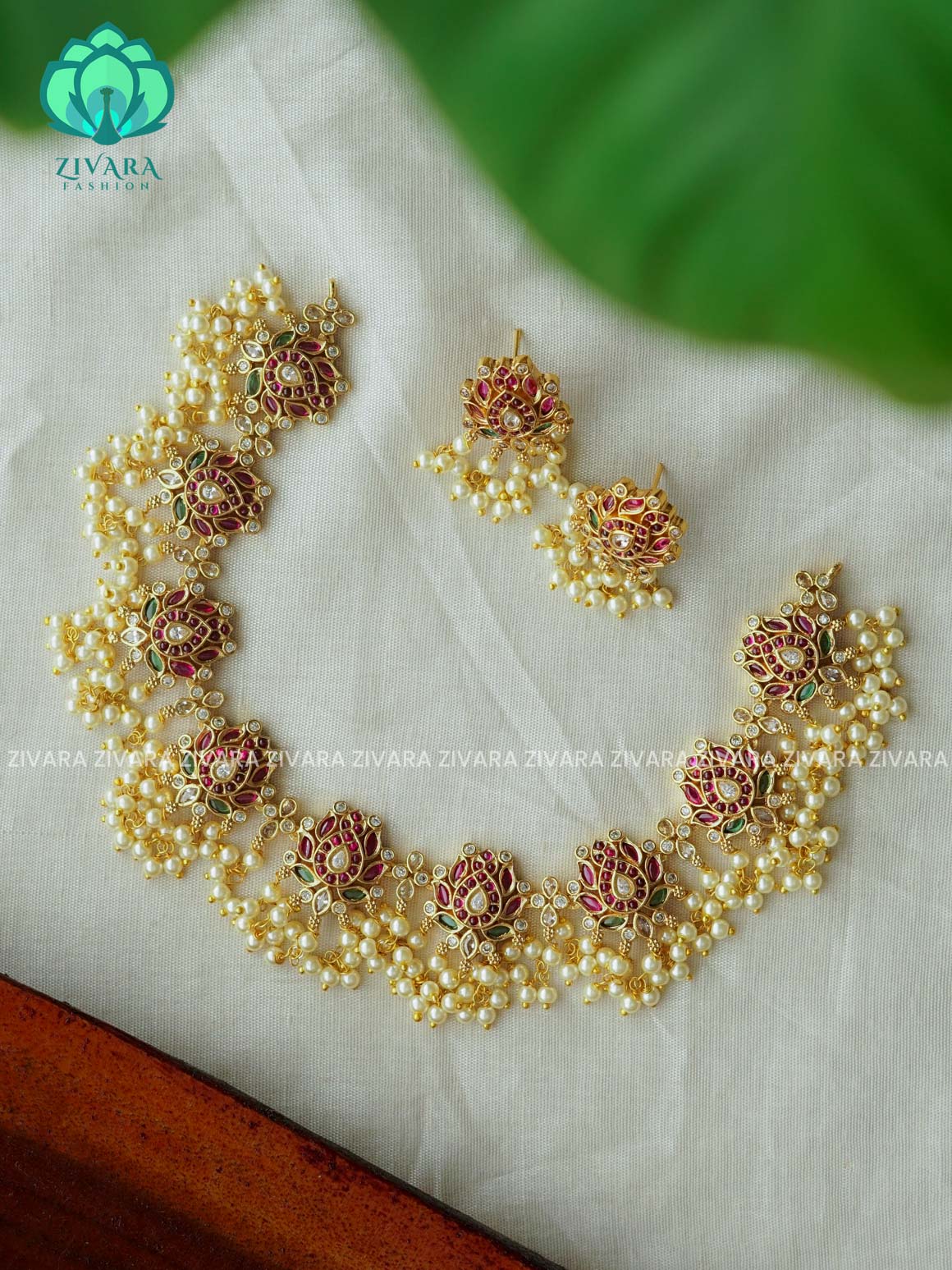 Real kemp lotus -Traditional south indian premium neckwear with earrings- Zivara Fashion- latest jewellery design.