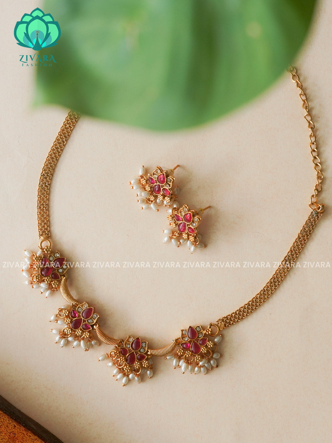 RUBY  LOTUS CHOKER  - Traditional south indian NORMAL MATTE neckwear with earrings - Zivara Fashion