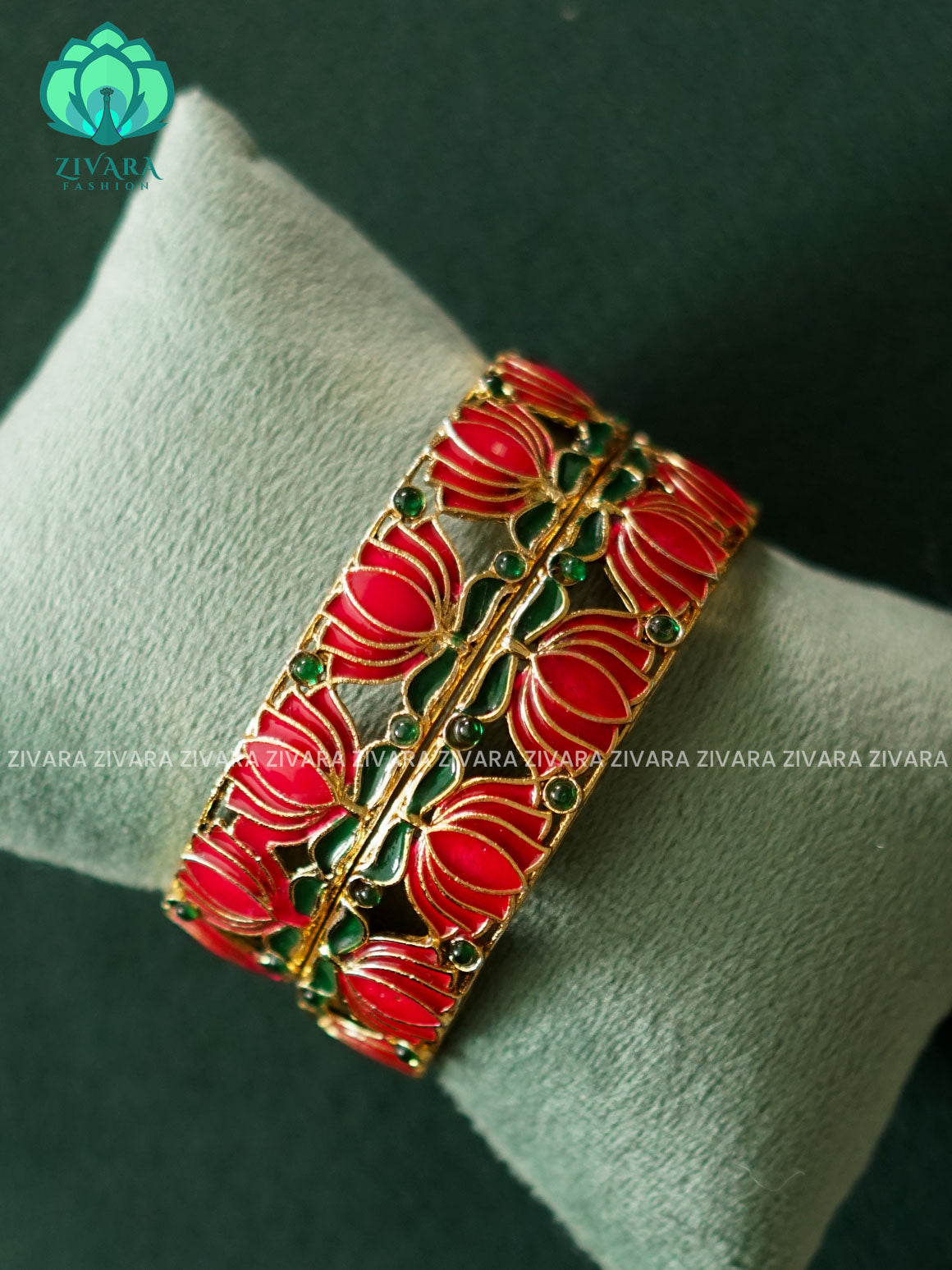 MANJU WARRIER PINK GREEN ENAMEL LOTUS - 2 PIECE - NORMAL MATTE FINISH bangles - latest jewellery collection- Zivara Fashion