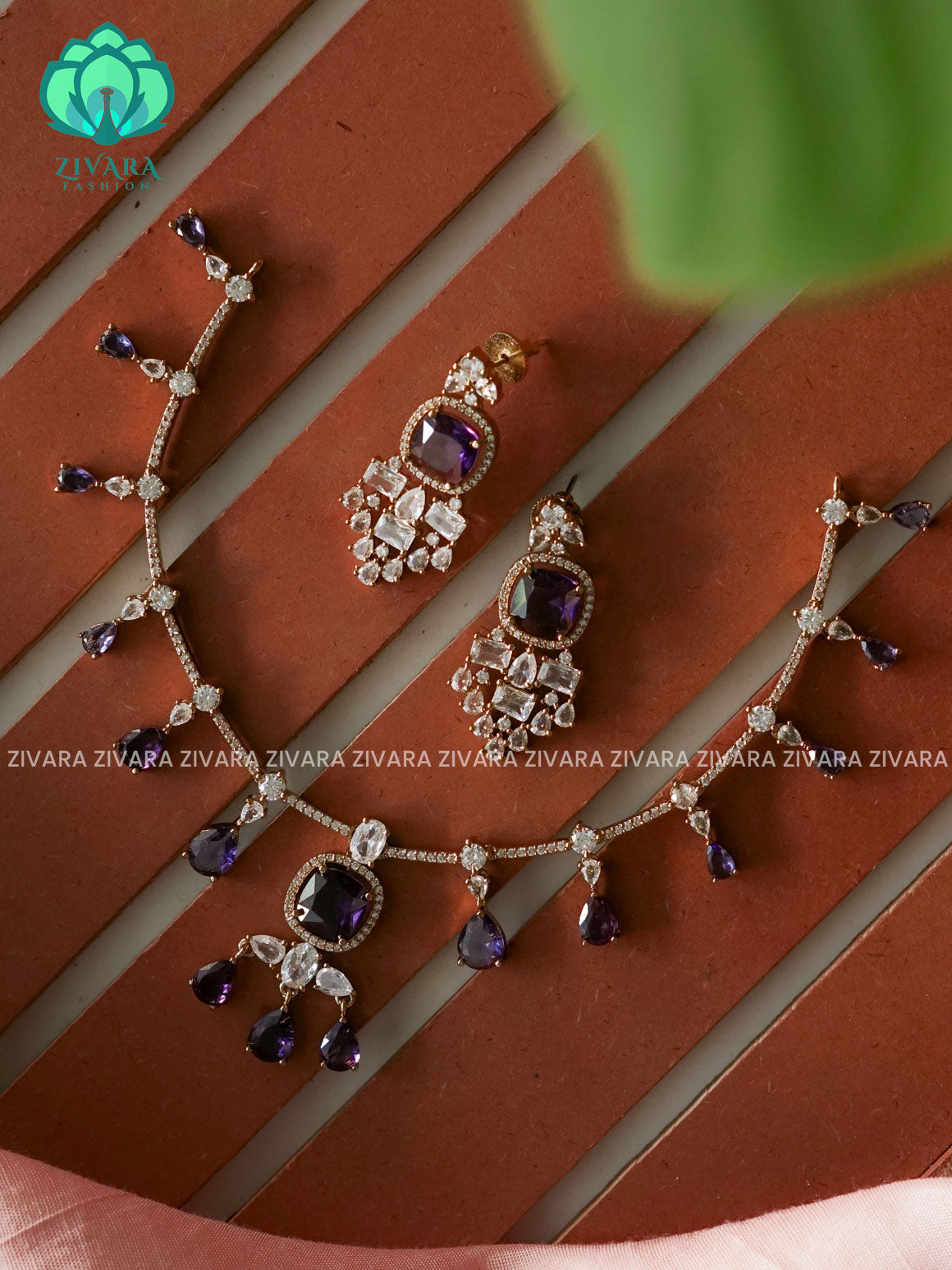 Purple- Gorgeous - stylish and minimal elegant neckwear with earrings- Zivara Fashion