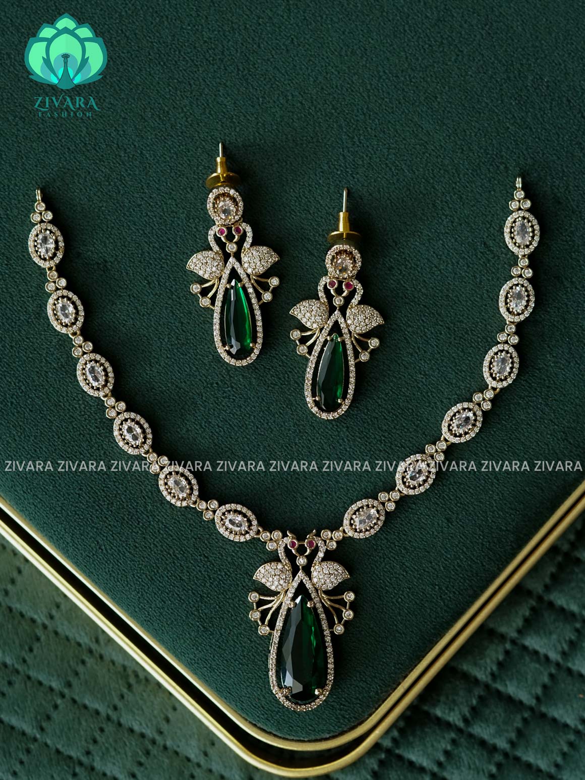 GREEN STONE-Victoria finish elegant necklace with earrings CZ matte Finish- Zivara Fashion