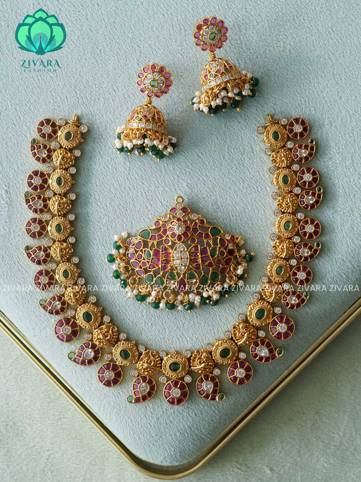 AKSHAYAM - MANGO STONE Traditional south indian premium neckwear with earrings- Zivara Fashion- latest jewellery desigN
