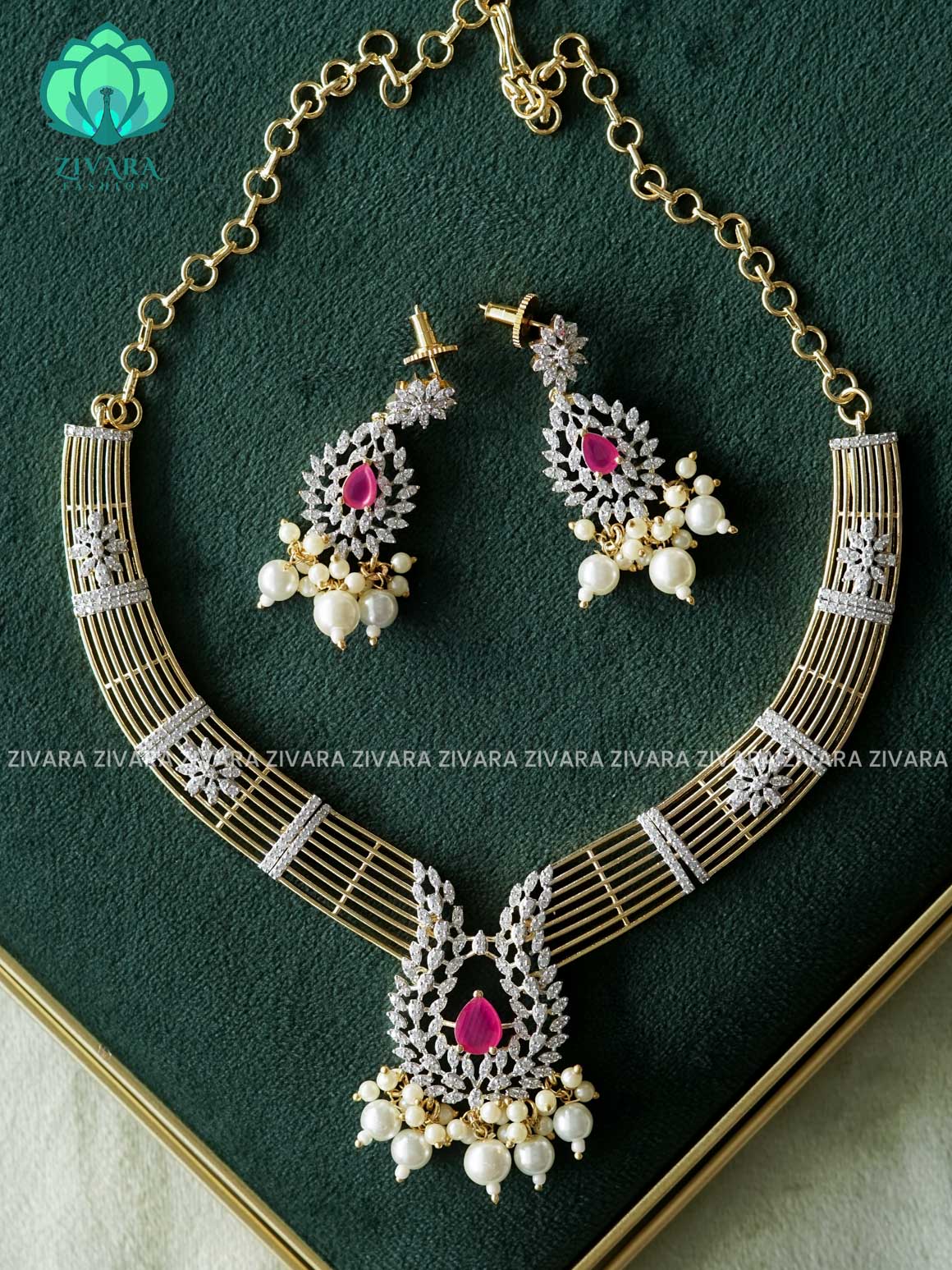 RUBY WHITE STONE HASLI WITH PEARL HANGINGS  - AD MICROGOLD POLISH WITH EARRING - Zivara Fashion- latest jewellery design