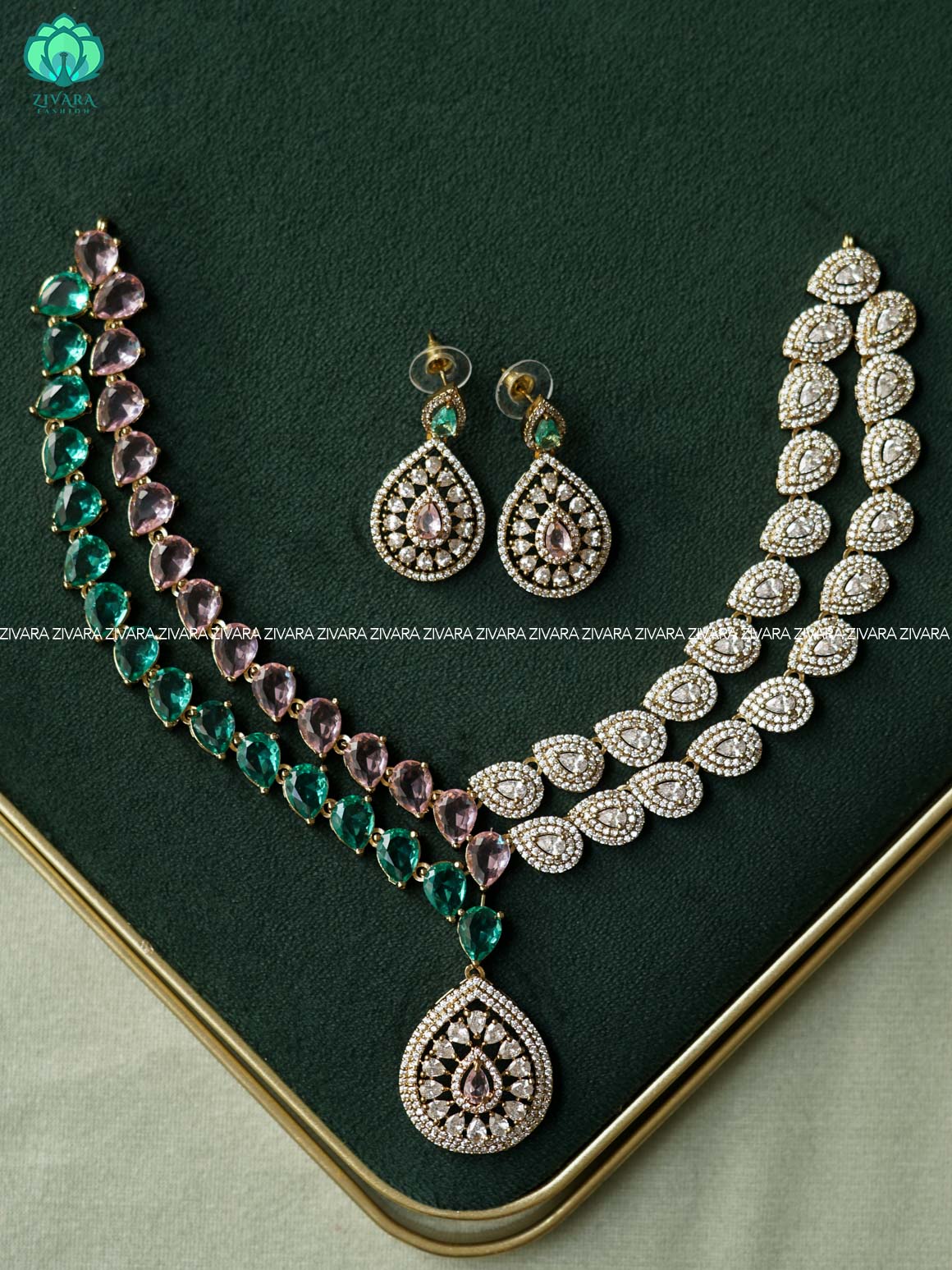 AKSHAYAM - ROYAL TEARDROP CRYSTAL - TRADITIONAL NECKWEAR WITH EARRINGS- LATEST JEWELLERY COLLECTION