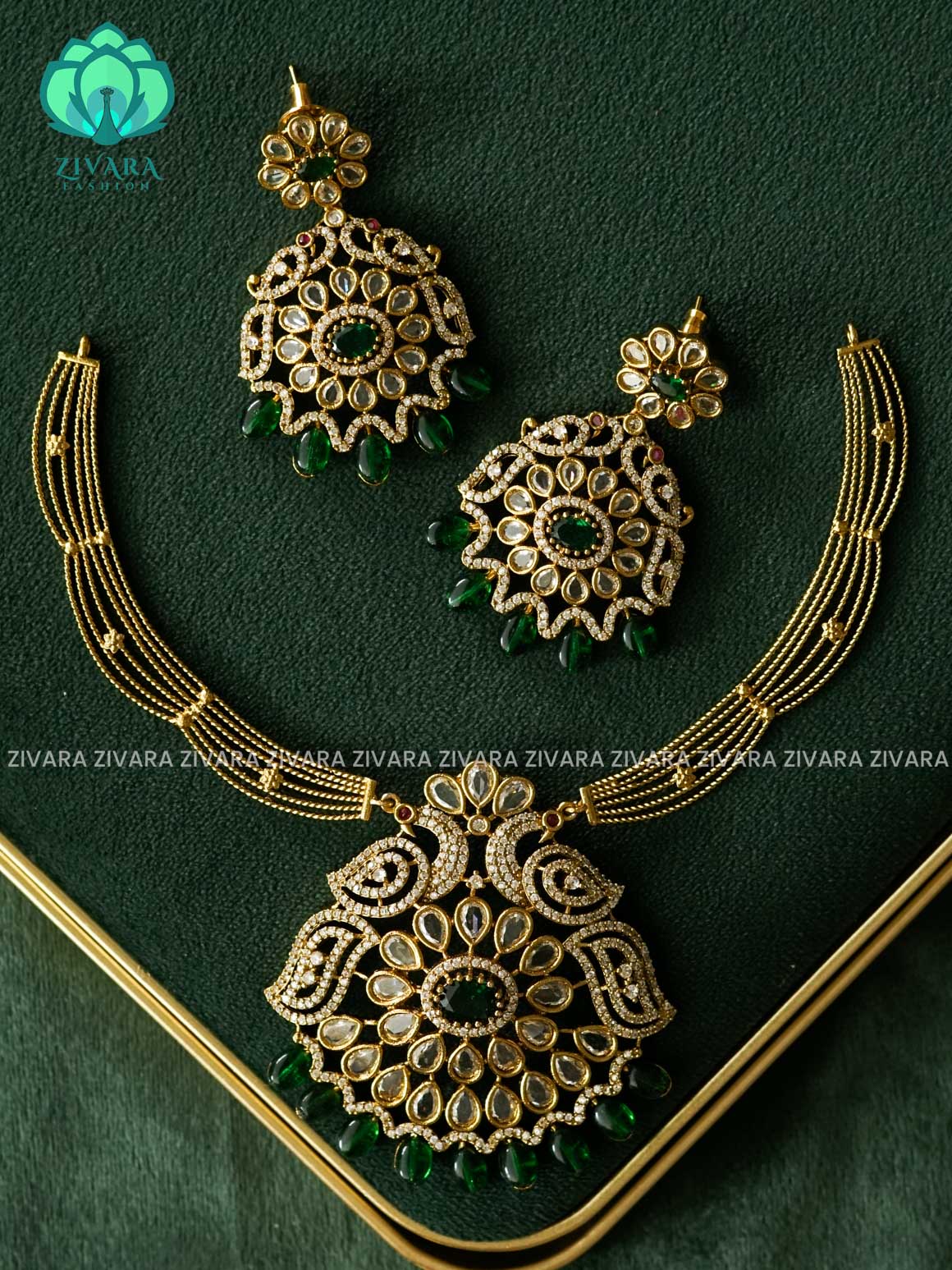AKSHAYAM -GREEN  BRIDAL HASLI  - PREMIUM  MATTE FINISH - stylish and minimal elegant neckwear with earrings- Zivara Fashion