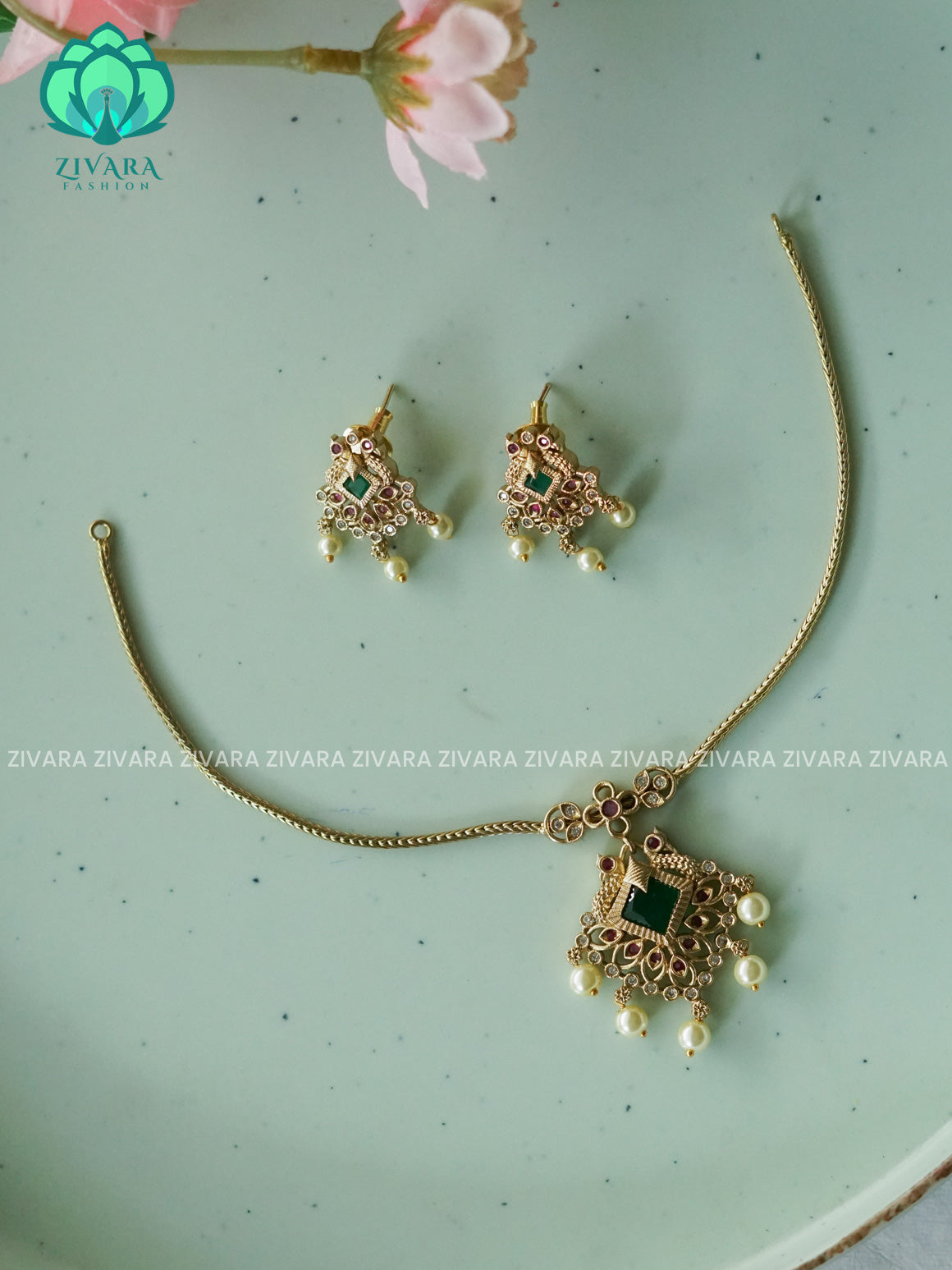 ANANYA SERIES - GREEN PALAKKA Flexible chain- Traditional south indian NORMAL MATTE neckwear with earrings - Zivara Fashion