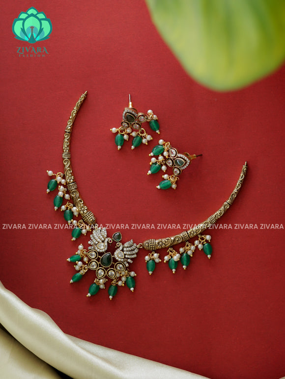 Green - peacock pendant Hasli necklace - Ultra premium victoria finish dark polish trending neckwear collection- bridal collection- Zivara Fashion