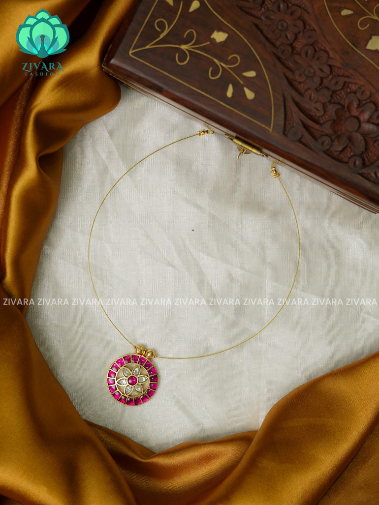 BIG CIRCLE FLORAL JADAU TAMARA INVISIBLE MINIMAL ELEGANT HANDMADE NECKLACE WITH BRILLIANT FINISH MOTIFS- ZIVARA FASHION