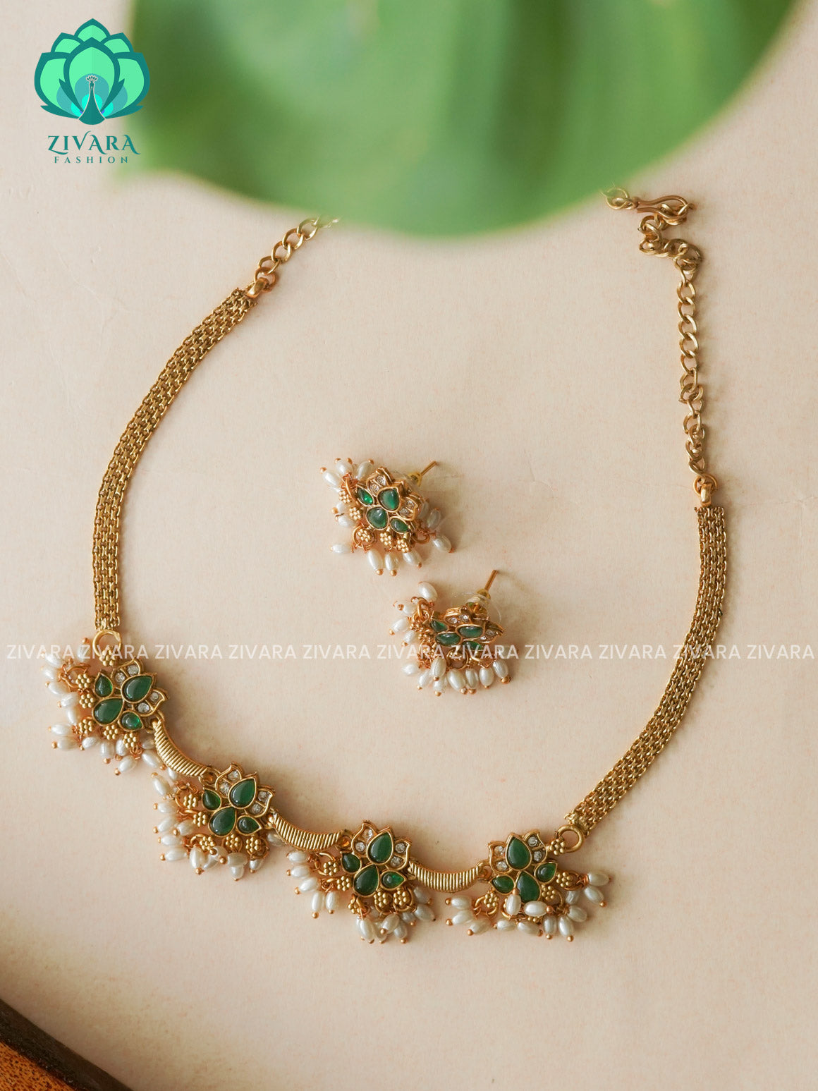 GREEN  LOTUS CHOKER  - Traditional south indian NORMAL MATTE neckwear with earrings - Zivara Fashion