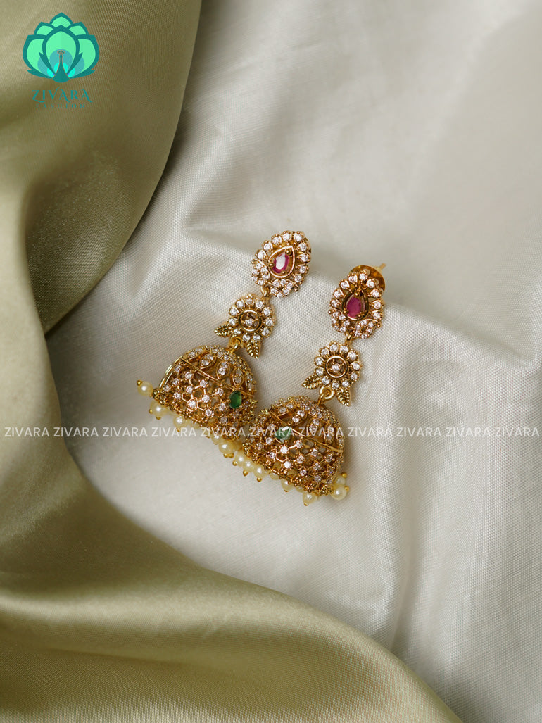 Ruby Ad stone  Medium sized - TRADITIONAL PREMIUM MATTE  polish JHUMKA- latest jewellery collection- zivara fashion