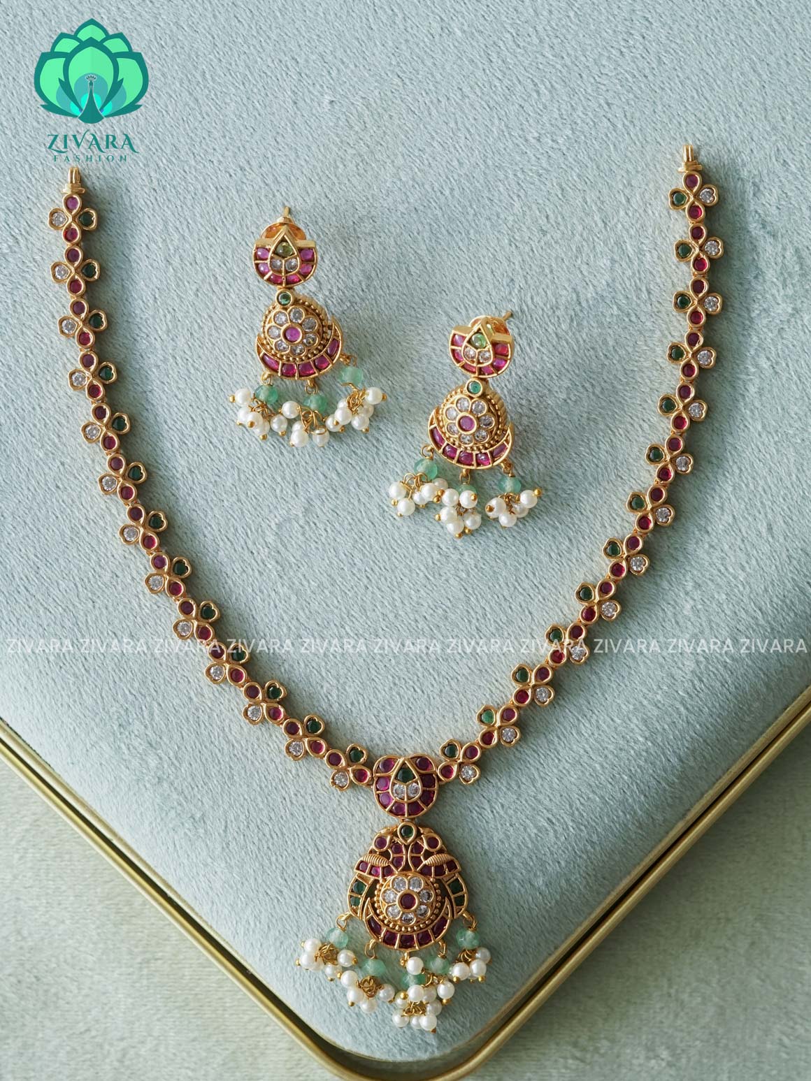 REAL KEMP PEACOCK MOTIF NECKWEAR WITH HANGINGS -Traditional south indian premium neckwear with earrings- Zivara Fashion- latest jewellery design