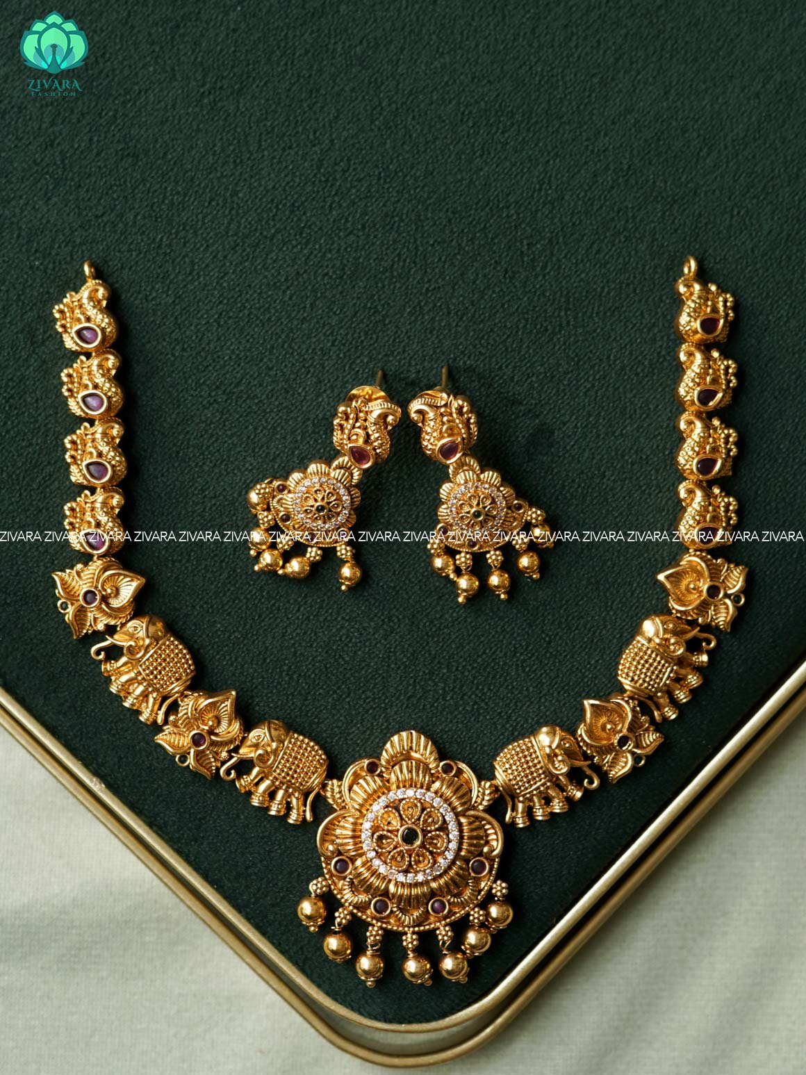 ELEPHANT WITH FLORAL NECKWEAR -Traditional south indian premium neckwear with earrings- Zivara Fashion- latest jewellery design