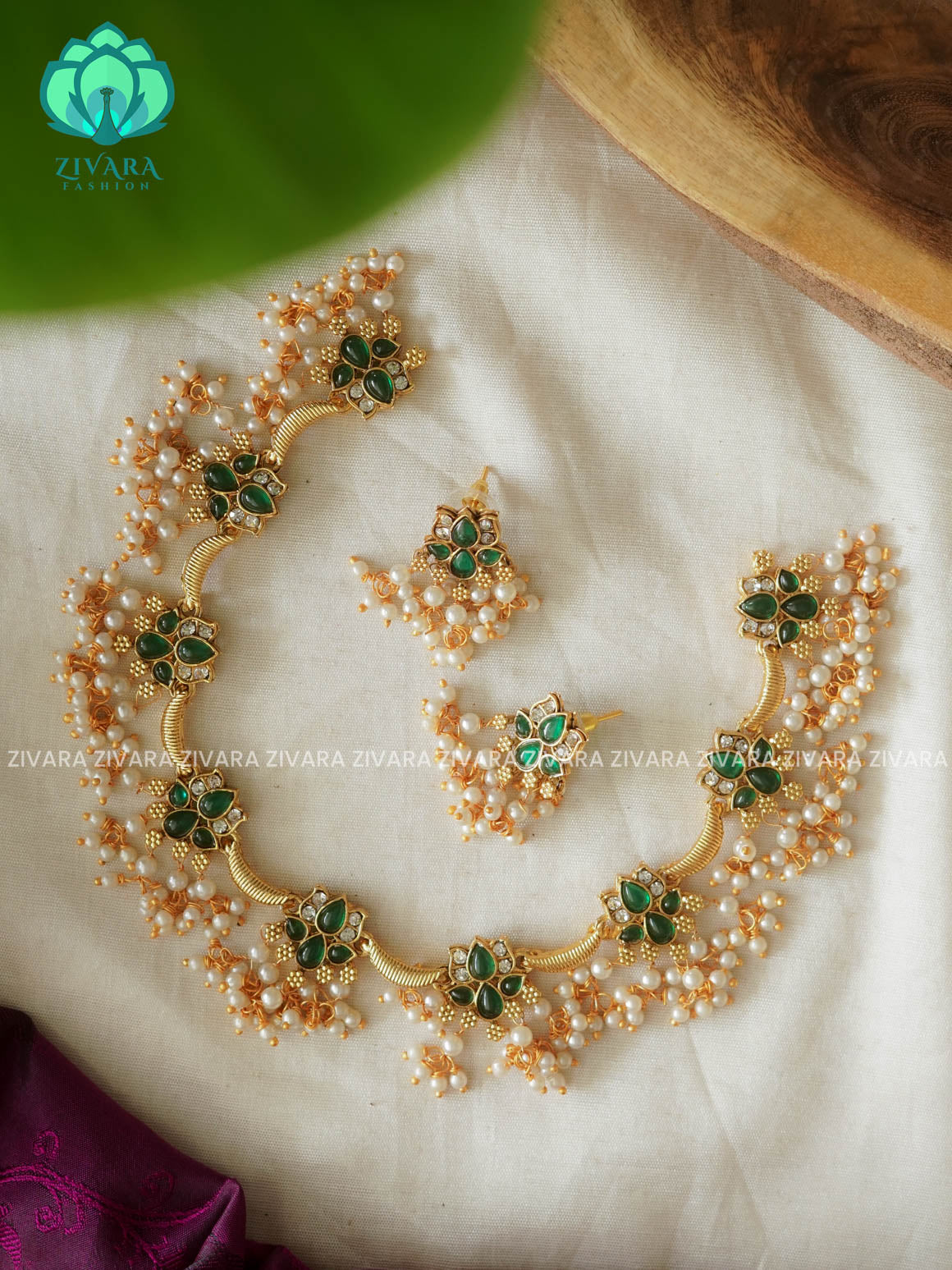 GREEN LOTUS - - NORMAL MATTE POLISH  neckwear with earrings- Zivara Fashion- latest jewellery desigN