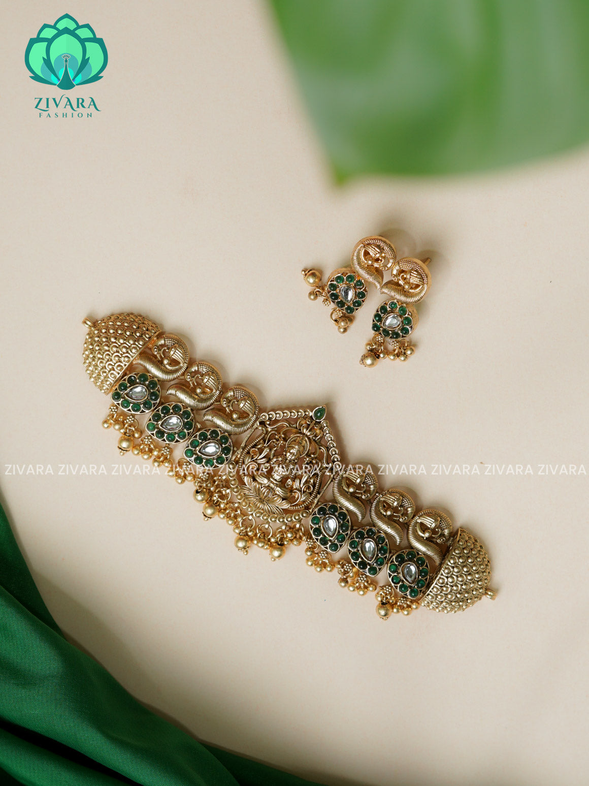 GREEN HEAVY ANNAPAKSHI CHOKER - Normal Matte finish - latest south indian jewellery