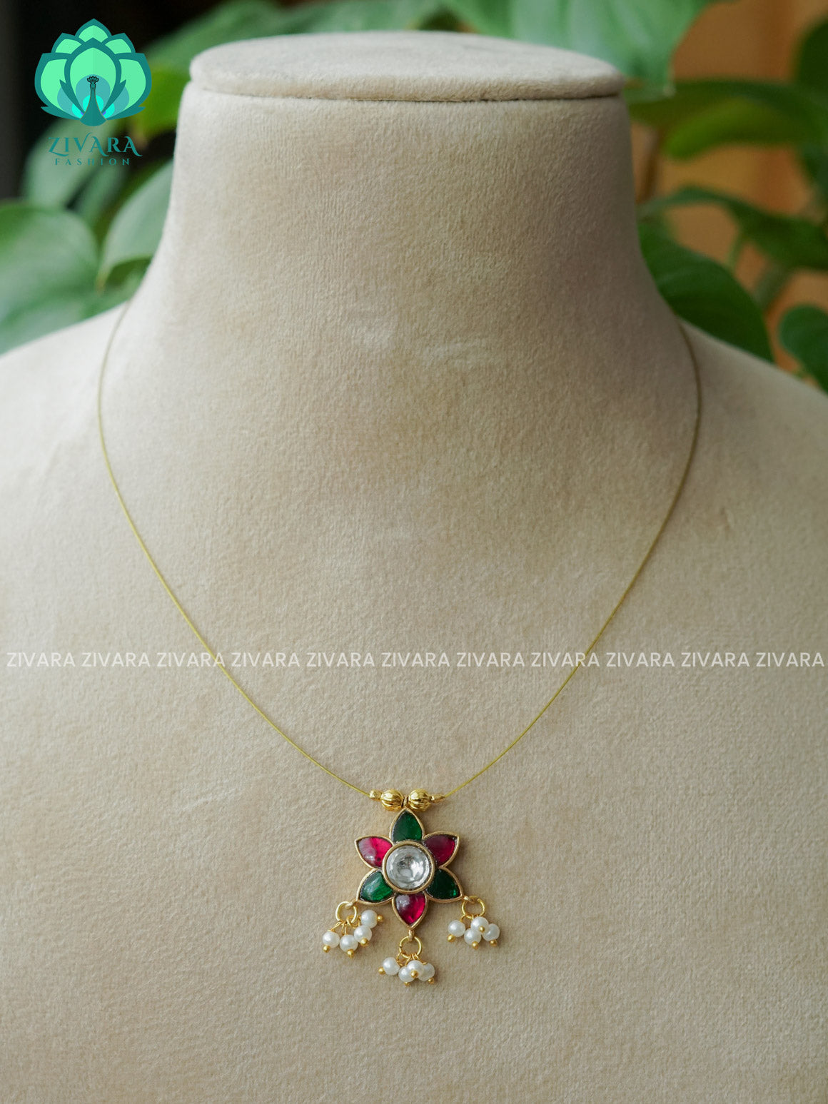 RUBY WHITE & GREEN - FLOWER JADAU TAMARA INVISIBLE MINIMAL ELEGANT HANDMADE NECKLACE WITH BRILLIANT FINISH MOTIFS- ZIVARA FASHION