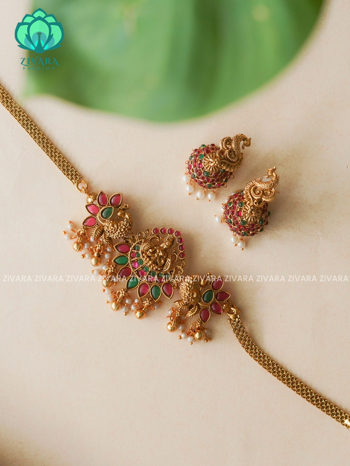 Ruby and Green- Trending temple peacock choker with earrings-latest south indian jewellery