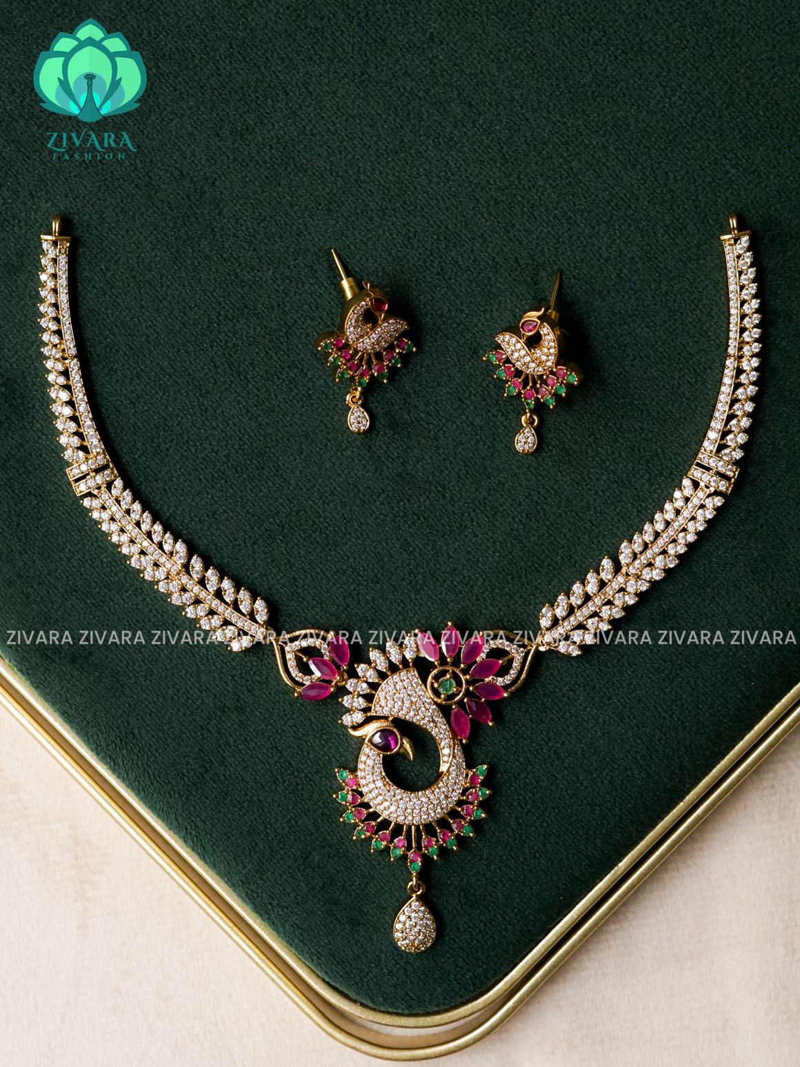 Peacock -  stylish and minimal elegant neckwear with earrings - Zivara Fashion