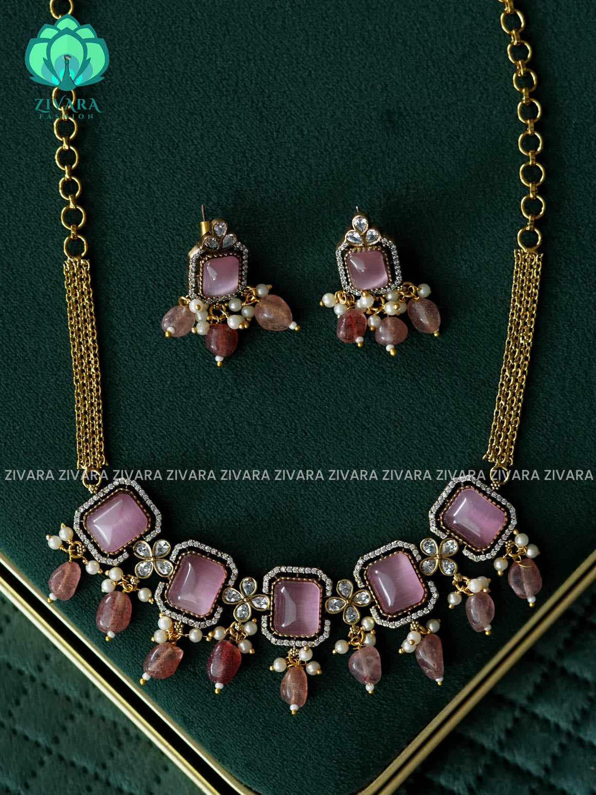 pastel pink-Bridal Square stone Victorian polish finish choker with earrings  - Premium quality CZ Matte collection-south indian jewellery