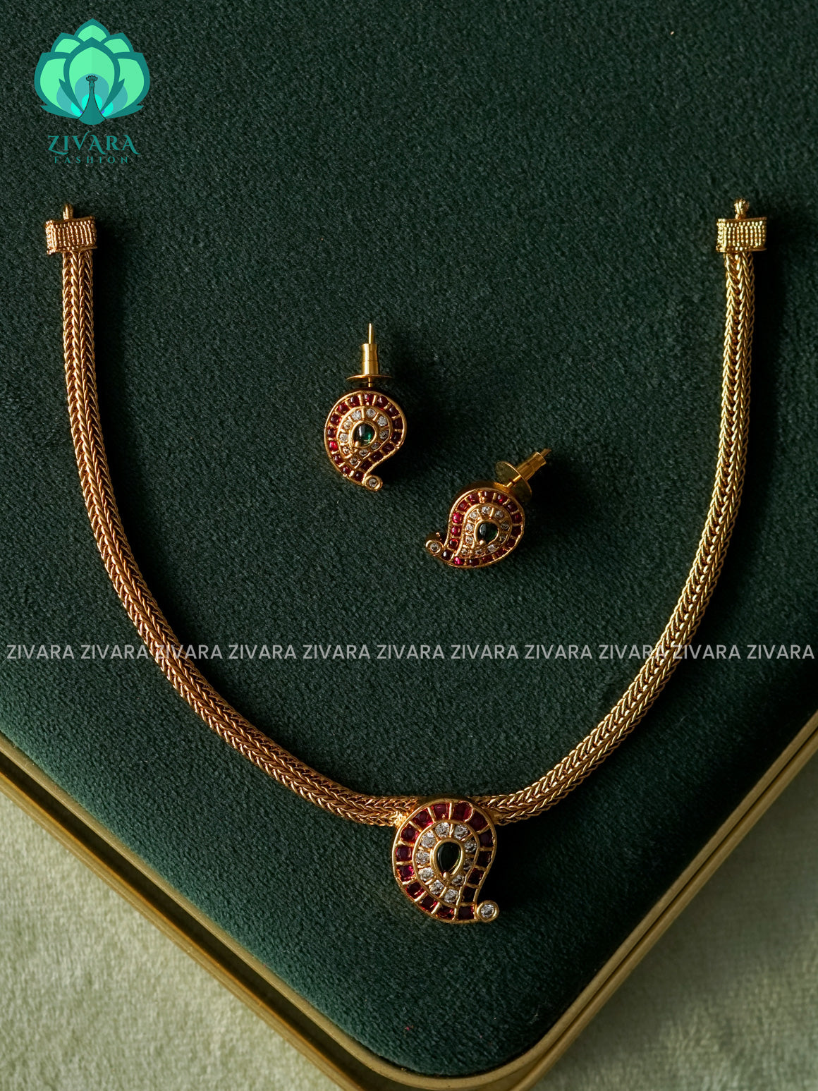 REAL KEMP MANGA PENDANT Flexible chain  -Traditional south indian premium neckwear with earrings- Zivara Fashion- latest jewellery design