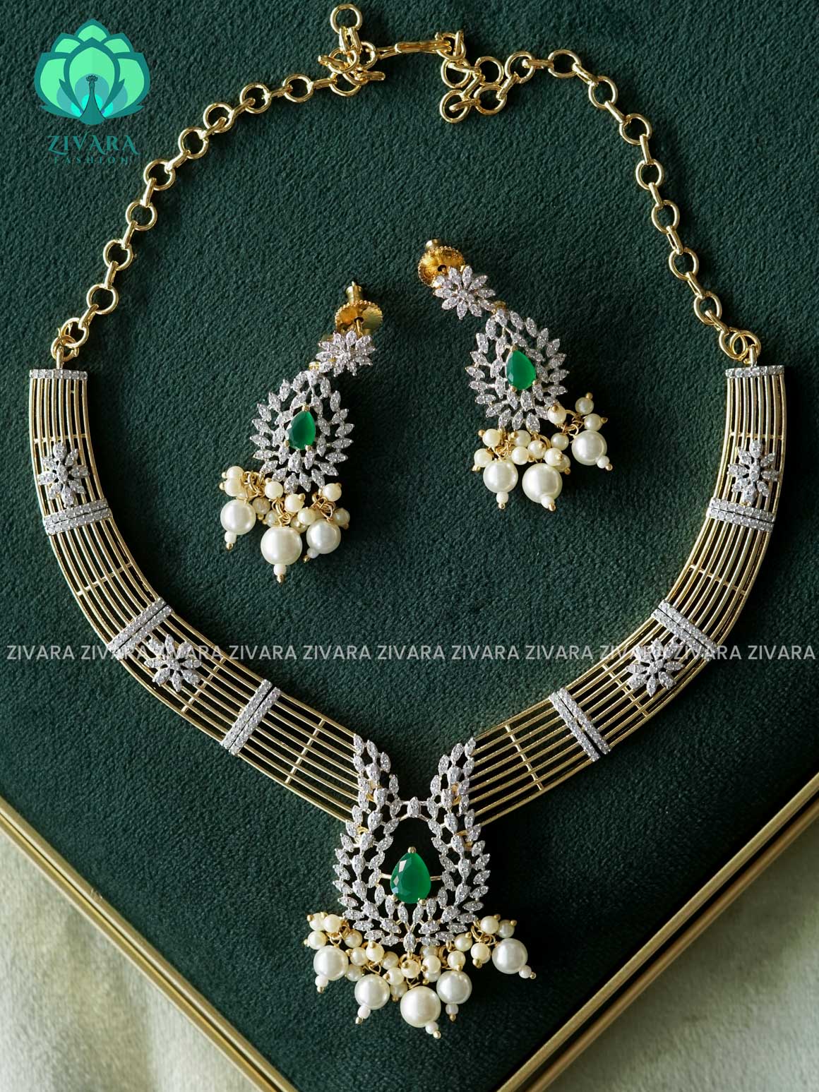 GREEN WHITE STONE HASLI WITH PEARL HANGINGS  - AD MICROGOLD POLISH WITH EARRING - Zivara Fashion- latest jewellery design