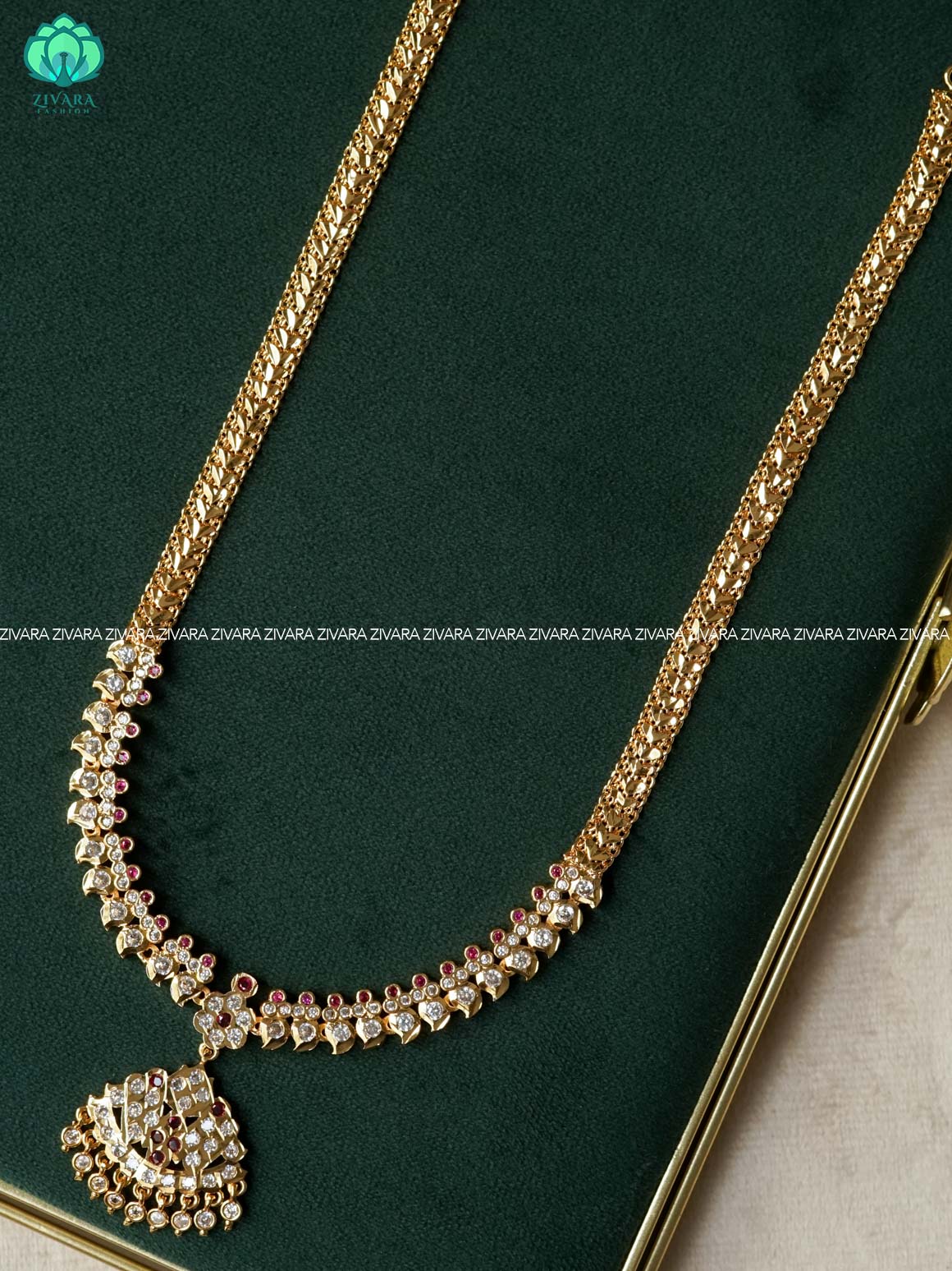 AMBIGAI - RUBY STONE MANGA MICROGOLD POLISH LONG HAARAM   -Traditional south indian premium HAARAM- Zivara Fashion- latest jewellery design