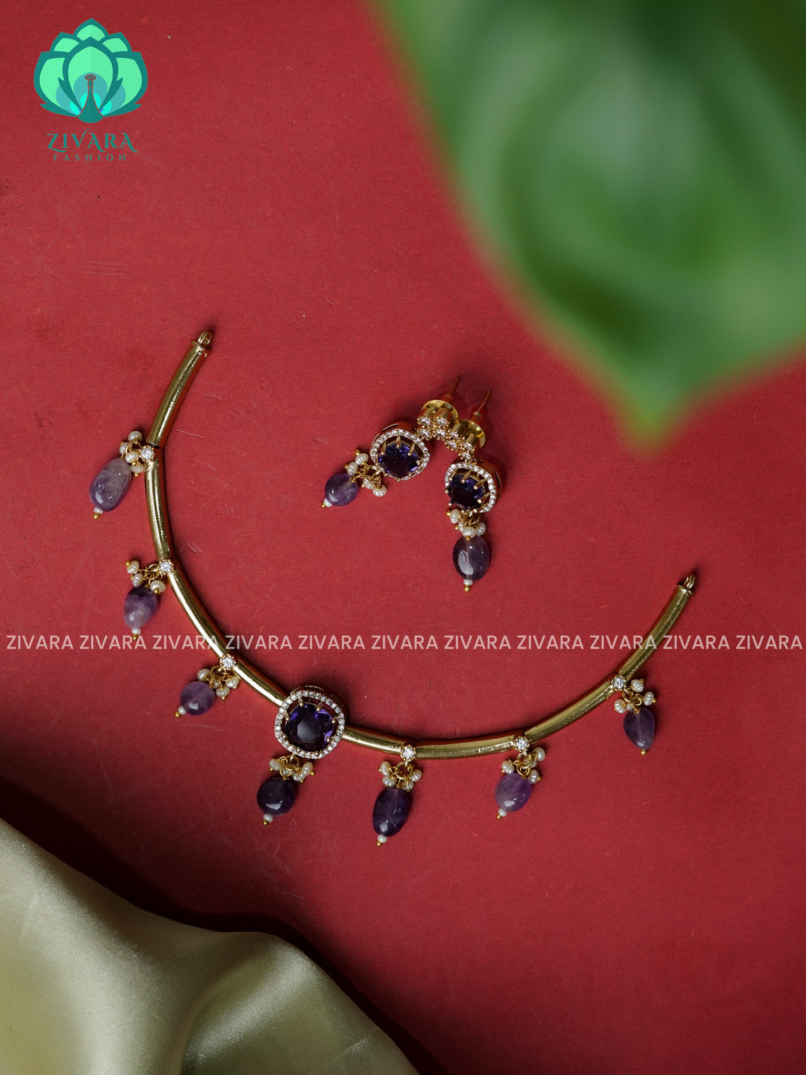 Purple - Simple beads hanging Traditional south indian premium neckwear with earrings- Zivara Fashion- latest jewellery design