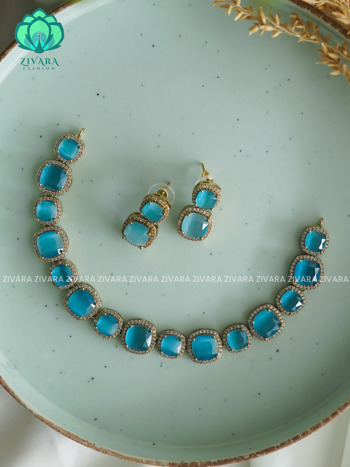 TURQUOISE BLUE stone square  - stylish and minimal elegant neckwear with earrings- Zivara Fashion