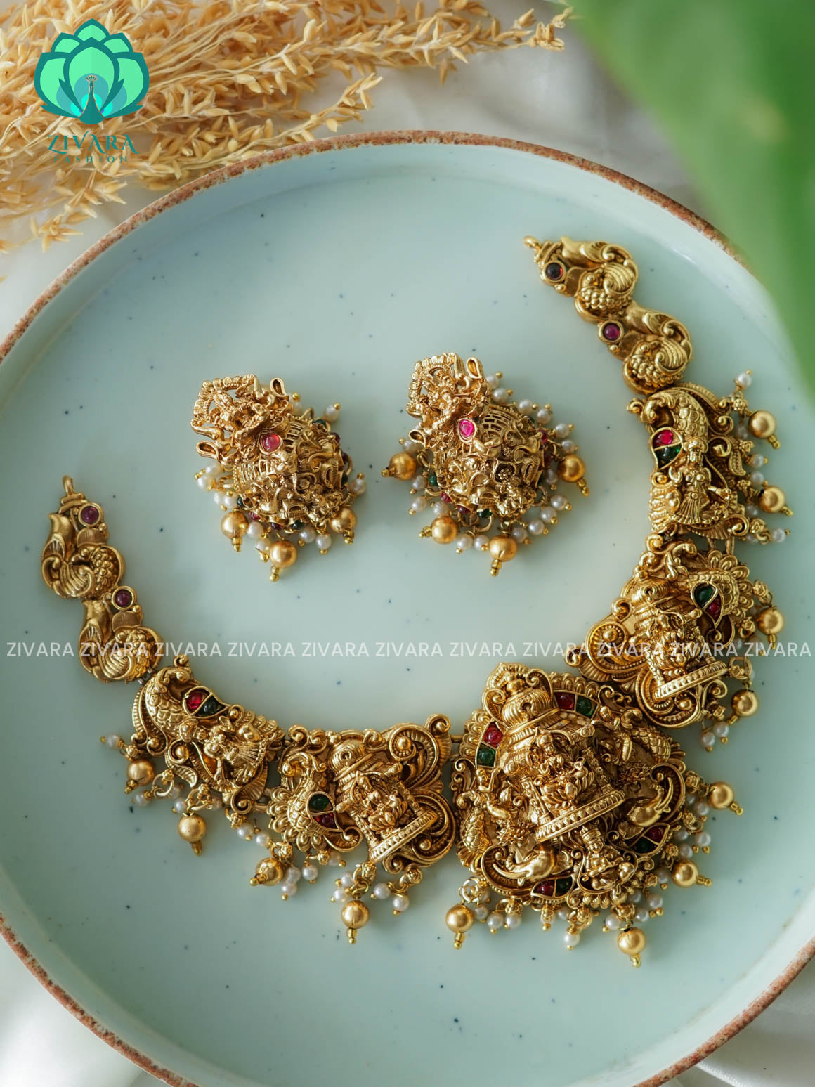 TEMPLE HEAVY BRIDAL    - Traditional south indian NORMAL MATTE neckwear with earrings- Zivara Fashion- latest jewellery design