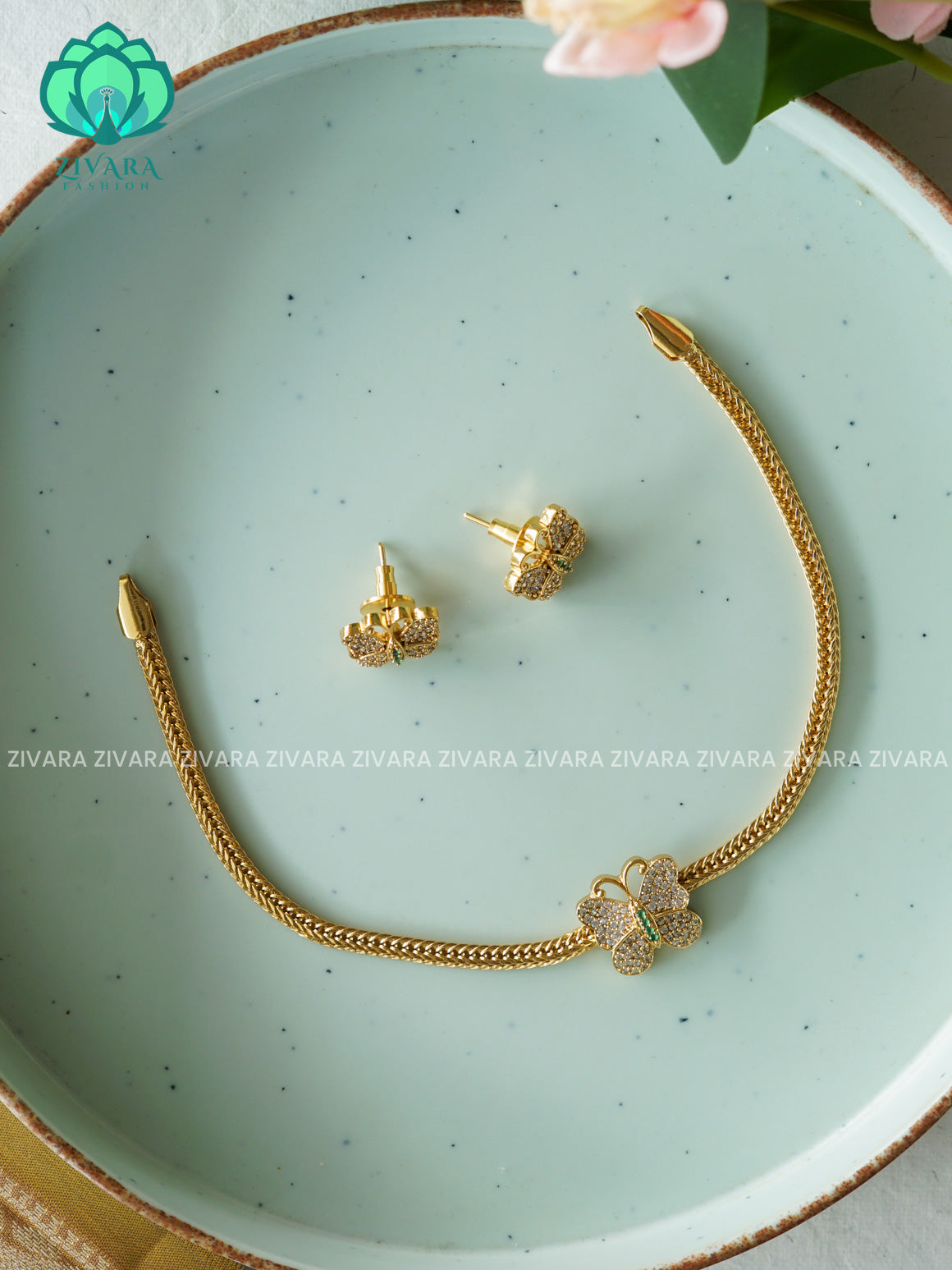 Kids friendly flexible chain butterfly pendant necklace with  earrings - CZ Matte Finish- Zivara Fashion