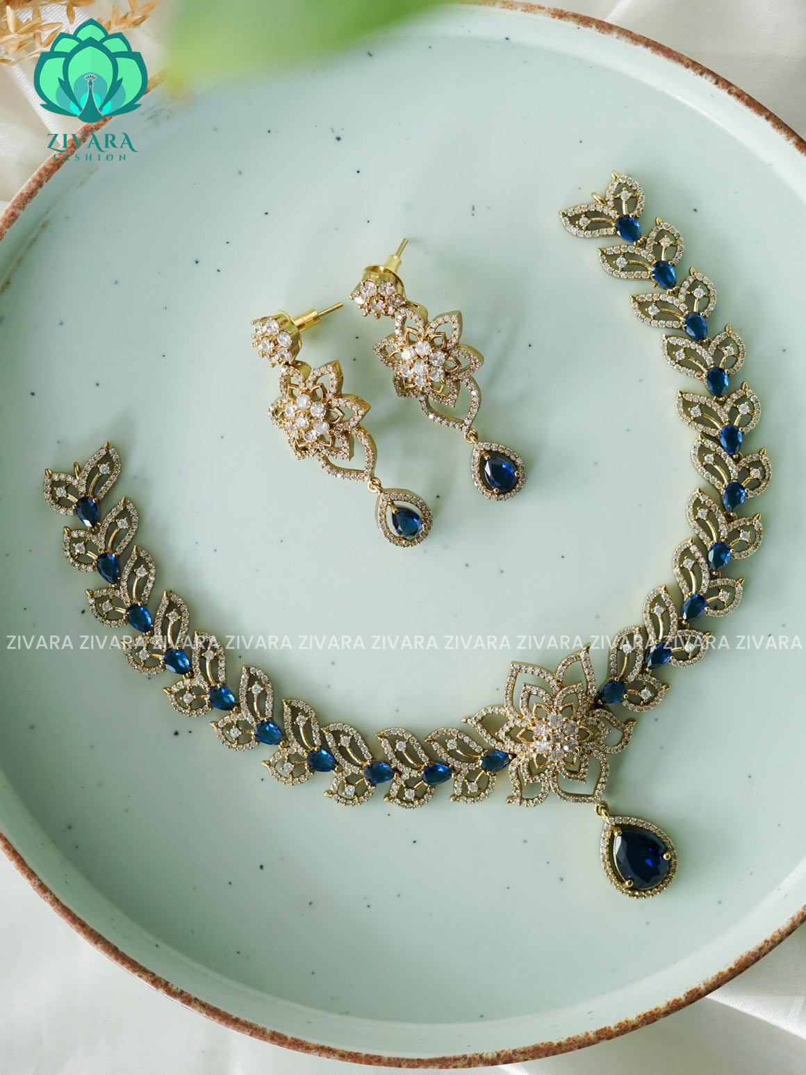 BLUE  FLOWER  - stylish and minimal elegant neckwear with earrings- Zivara Fashion